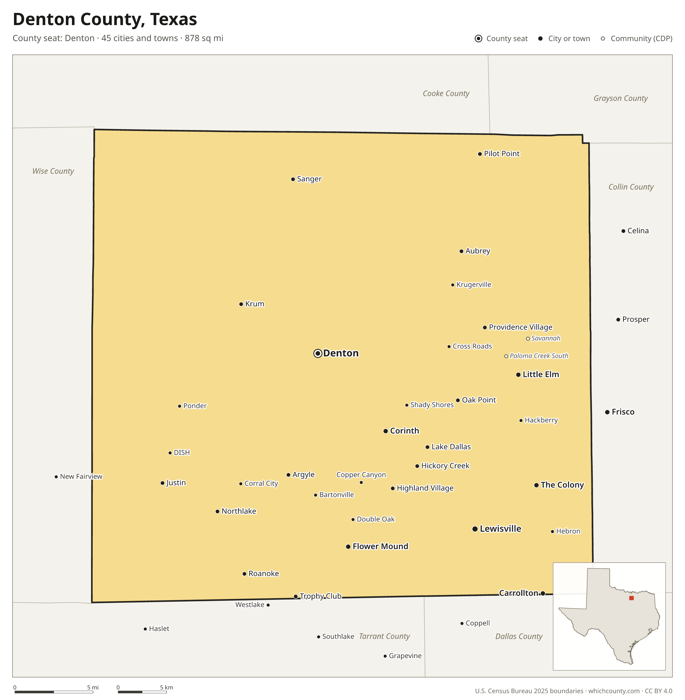 Map of Denton County, Texas with cities, towns and the county boundary