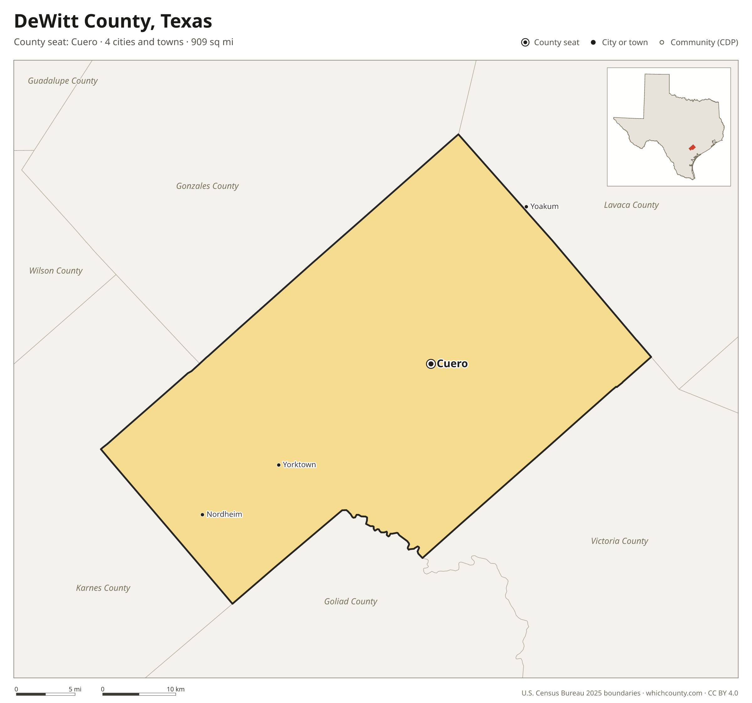 Map of DeWitt County, Texas with cities, towns and the county boundary