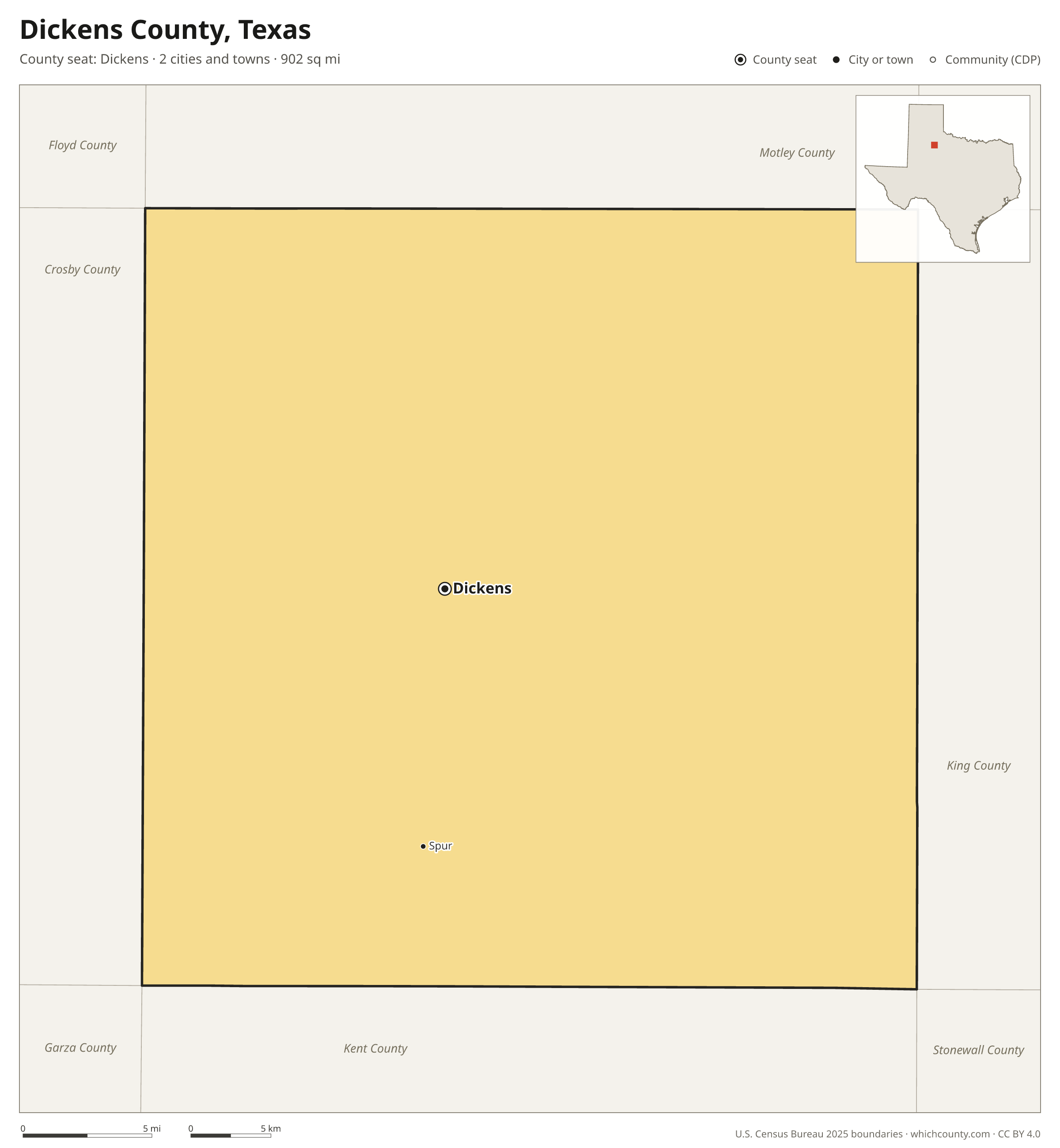 Map of Dickens County, Texas with cities, towns and the county boundary