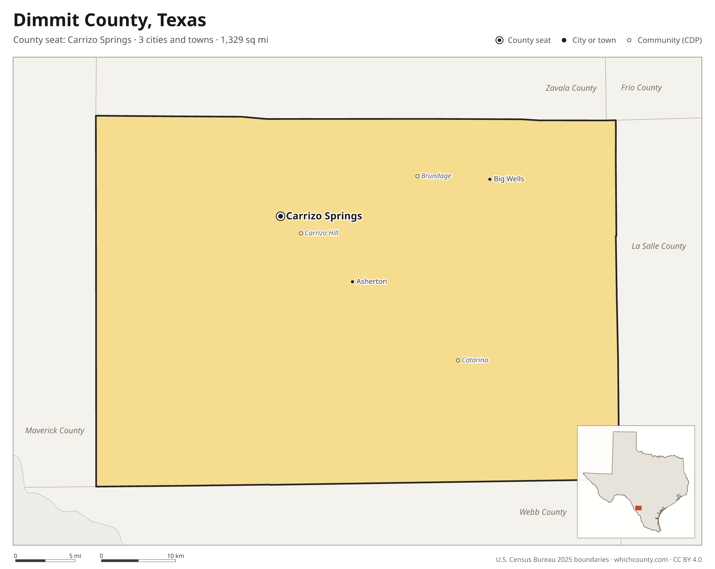Map of Dimmit County, Texas with cities, towns and the county boundary