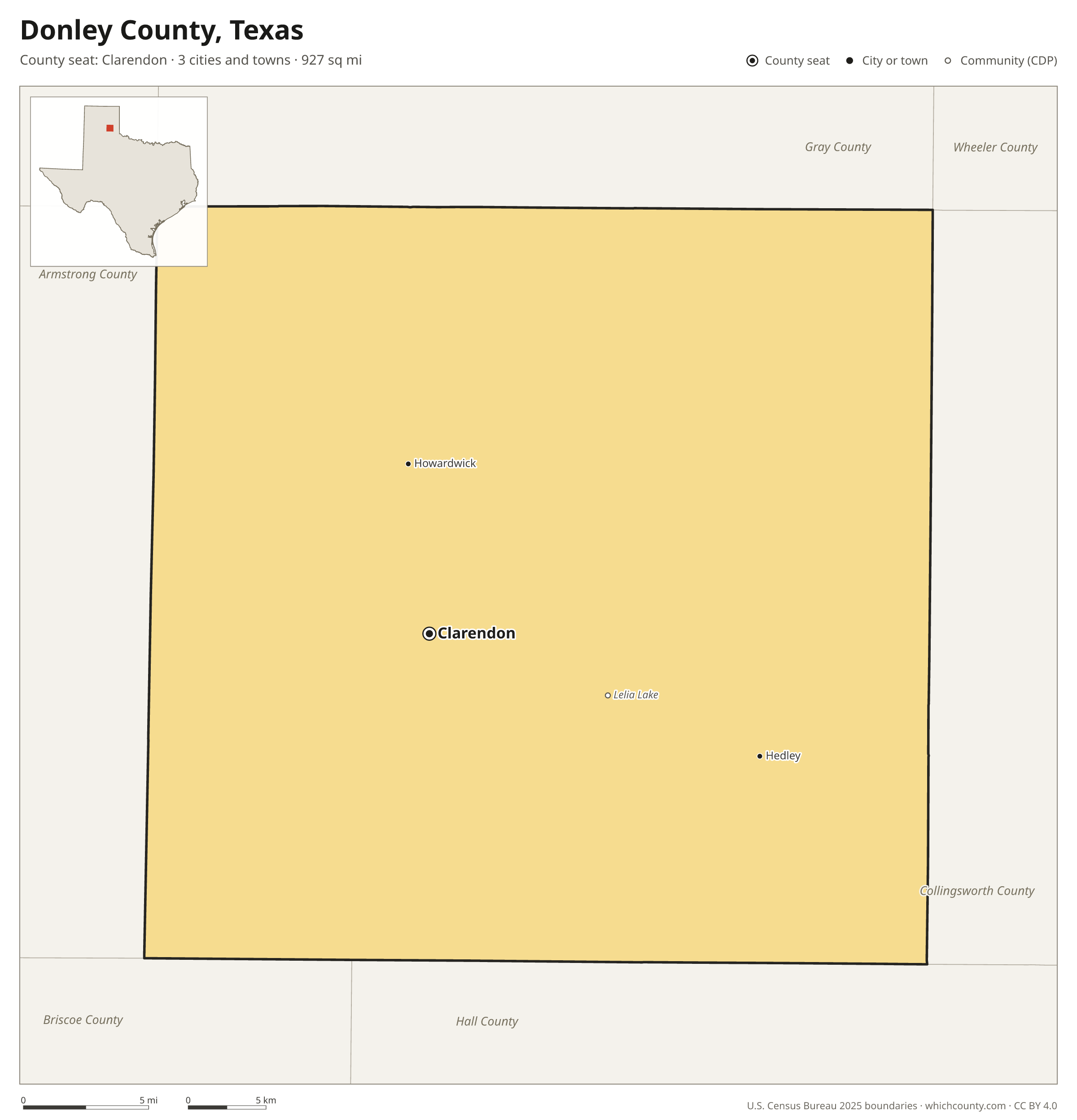 Map of Donley County, Texas with cities, towns and the county boundary