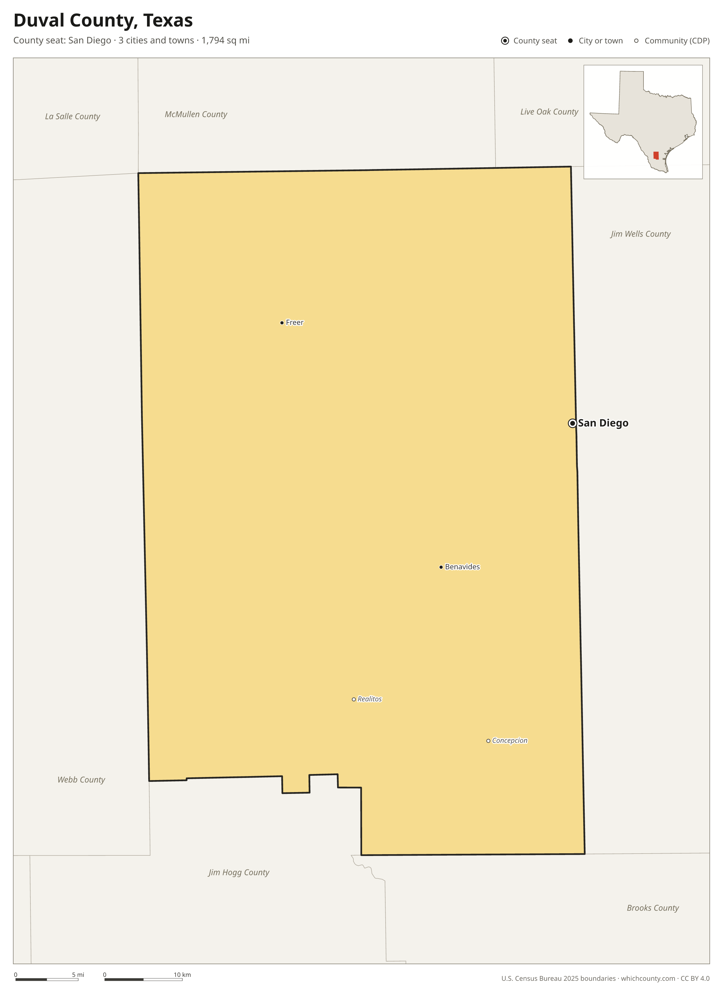 Map of Duval County, Texas with cities, towns and the county boundary