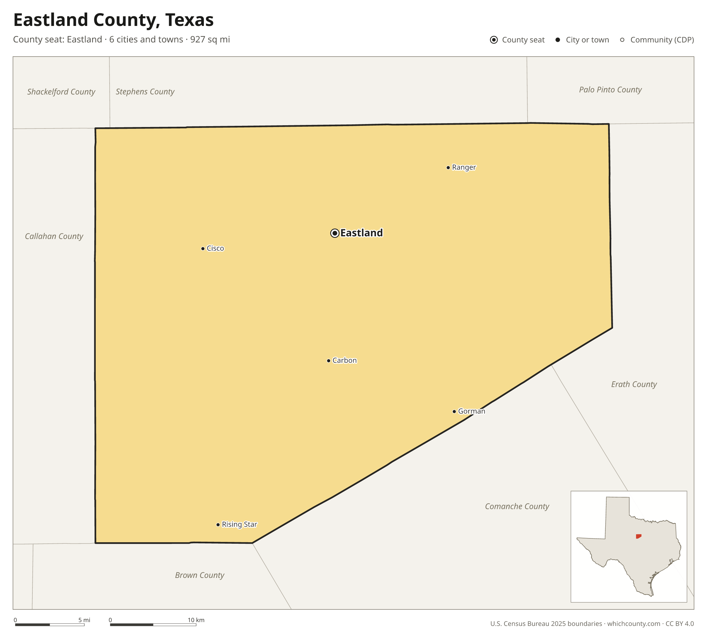 Map of Eastland County, Texas with cities, towns and the county boundary