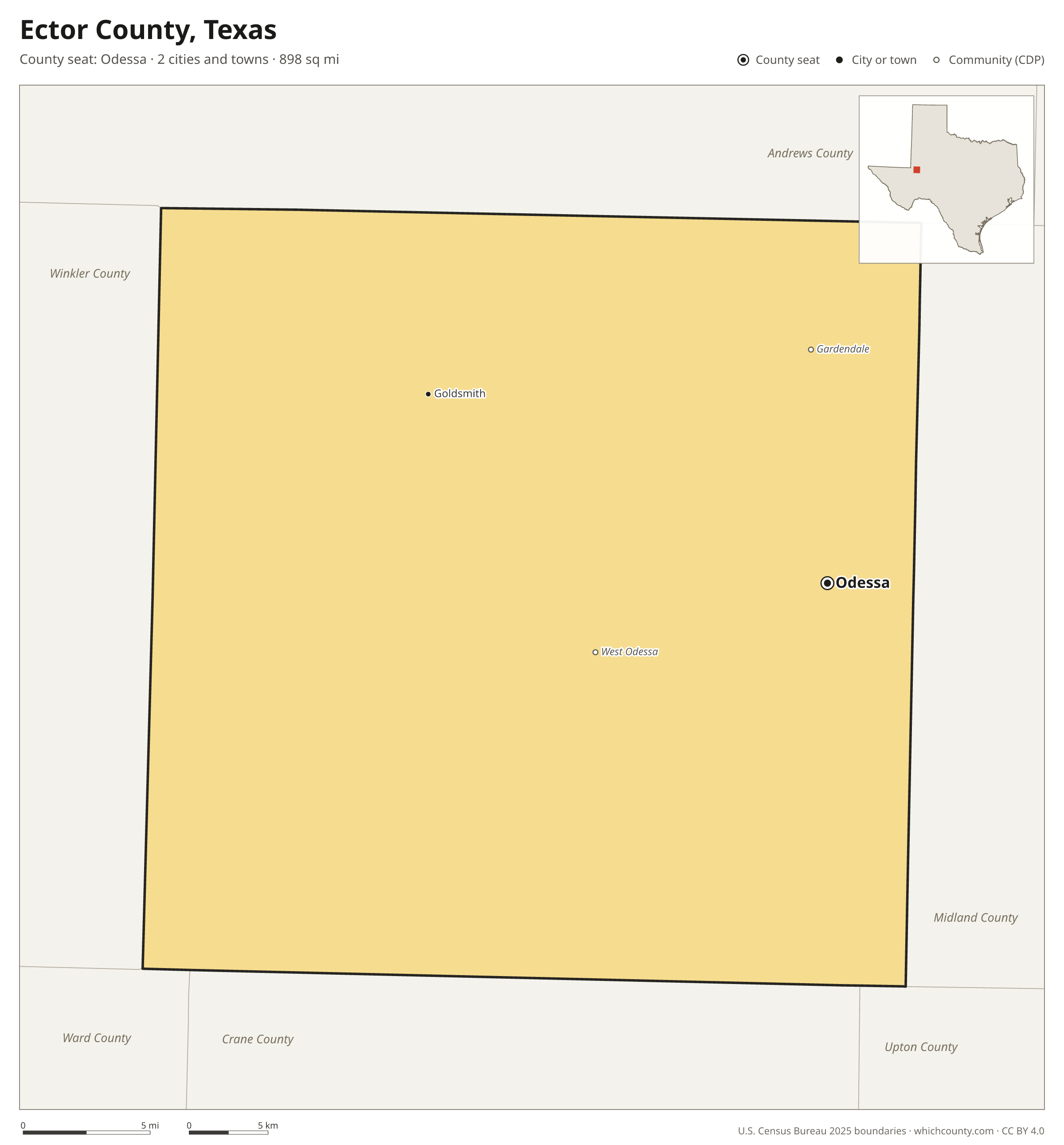 Map of Ector County, Texas with cities, towns and the county boundary