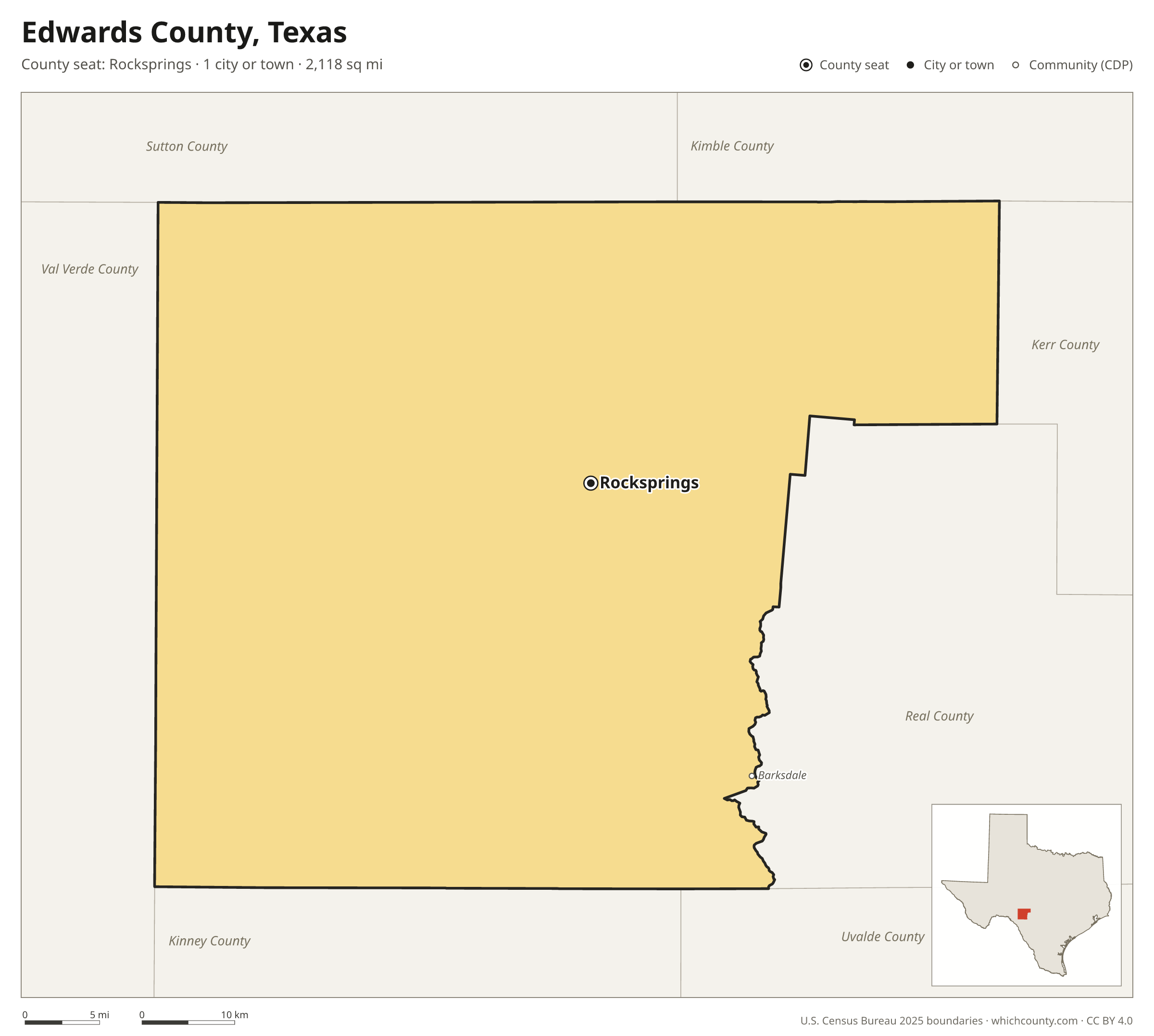 Map of Edwards County, Texas with cities, towns and the county boundary