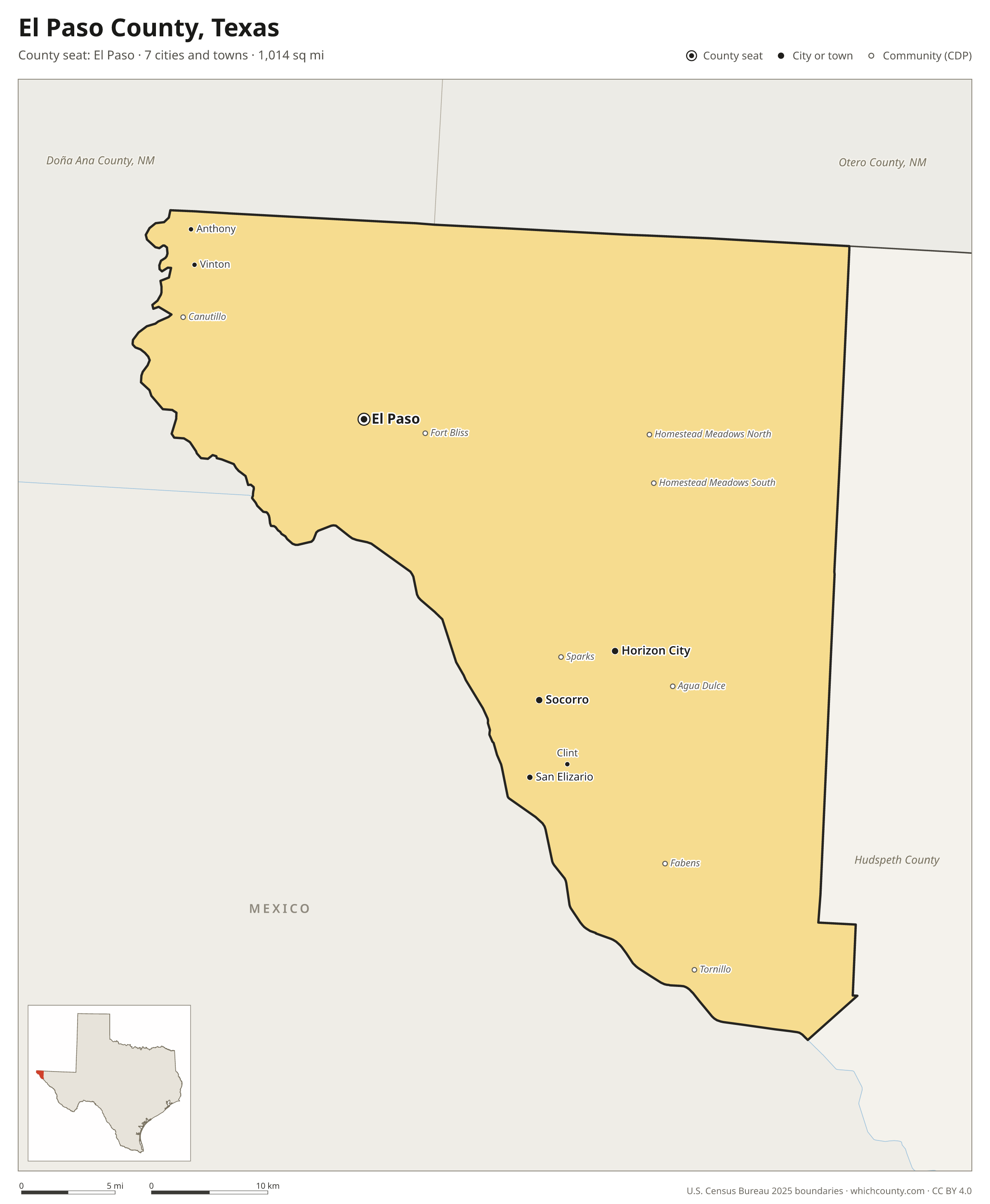 Map of El Paso County, Texas with cities, towns and the county boundary