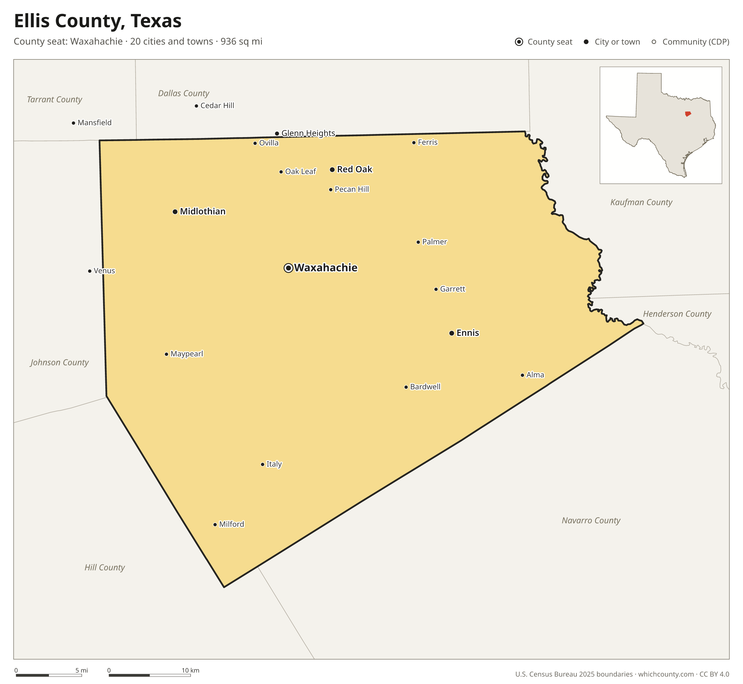 Map of Ellis County, Texas with cities, towns and the county boundary