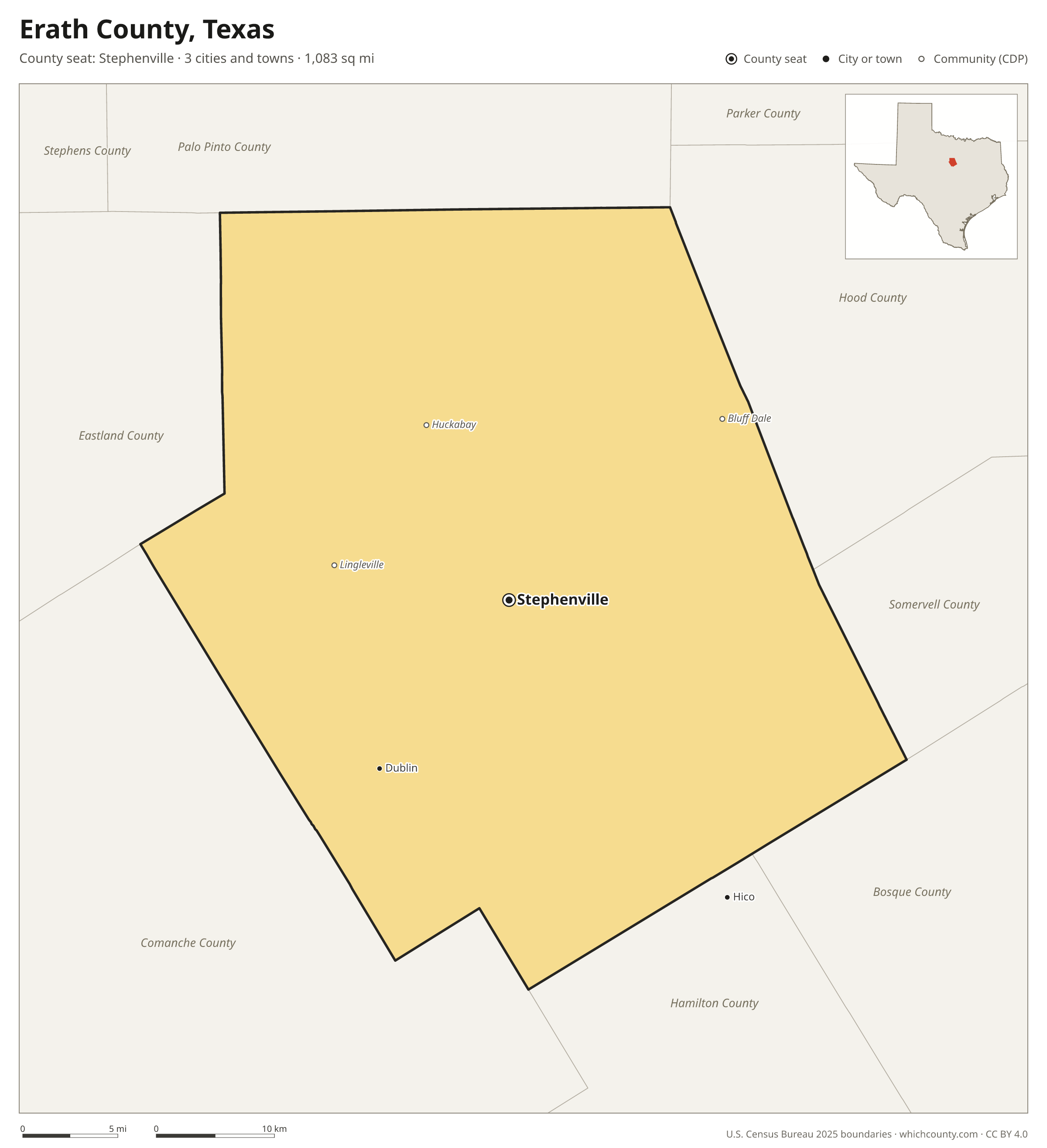 Map of Erath County, Texas with cities, towns and the county boundary