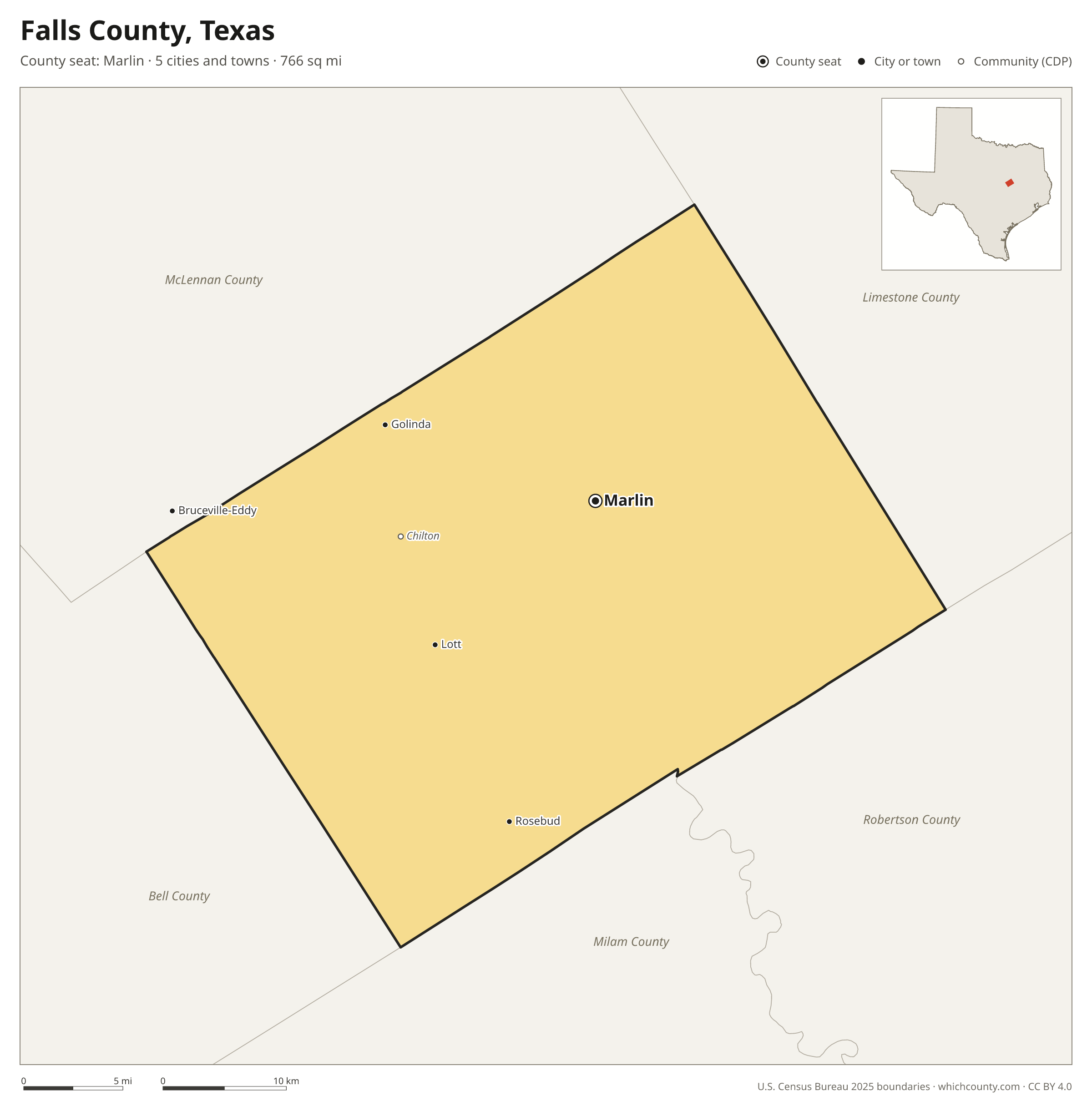 Map of Falls County, Texas with cities, towns and the county boundary