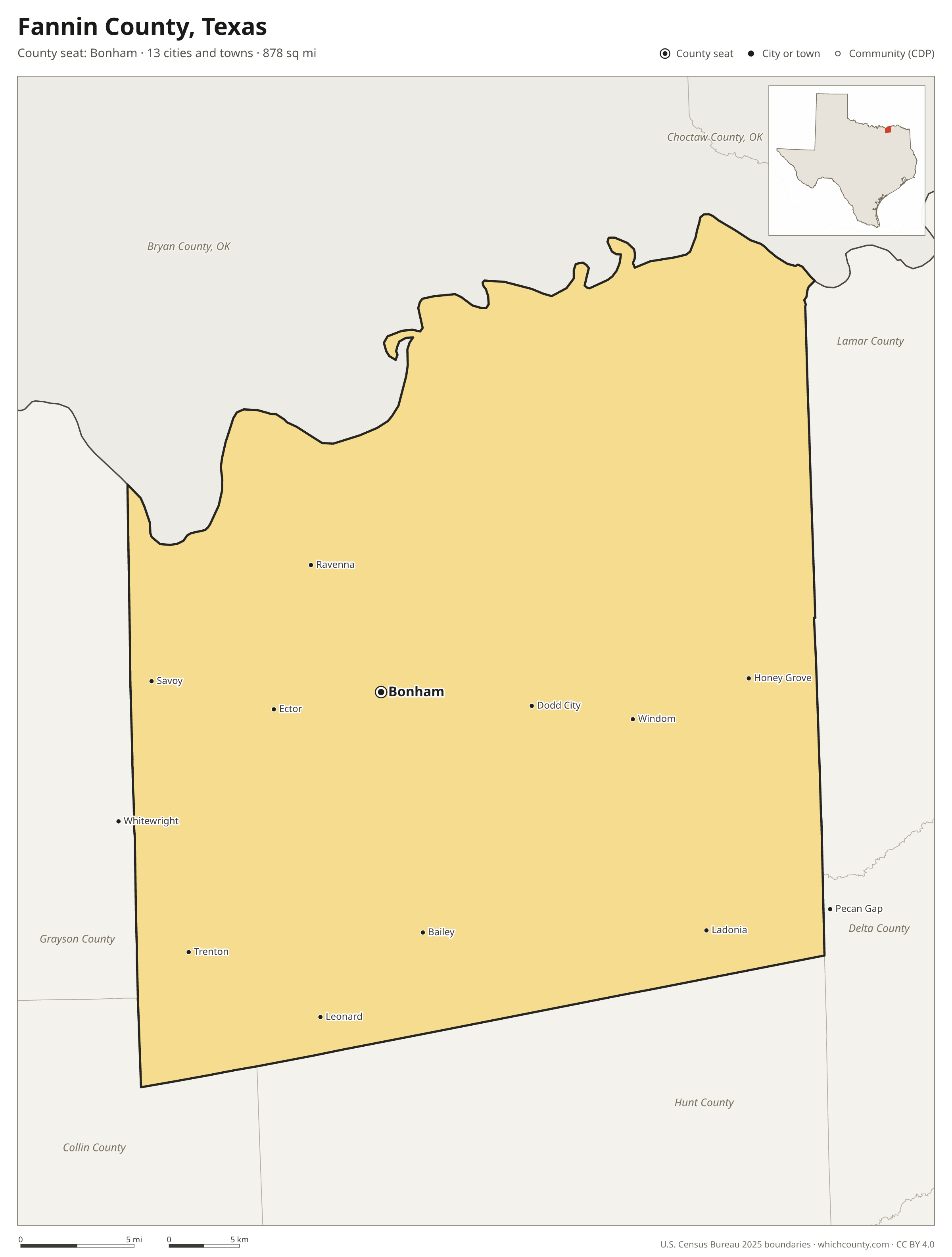Map of Fannin County, Texas with cities, towns and the county boundary