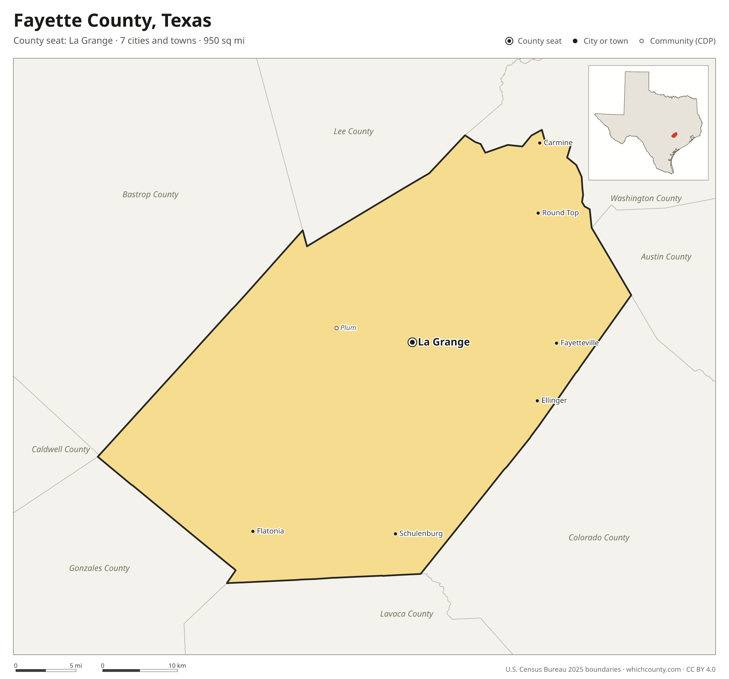 Map of Fayette County, Texas with cities, towns and the county boundary