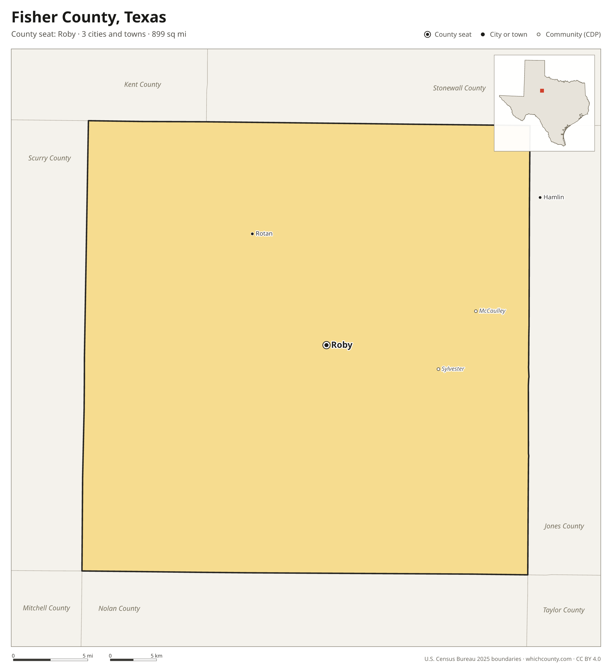 Map of Fisher County, Texas with cities, towns and the county boundary