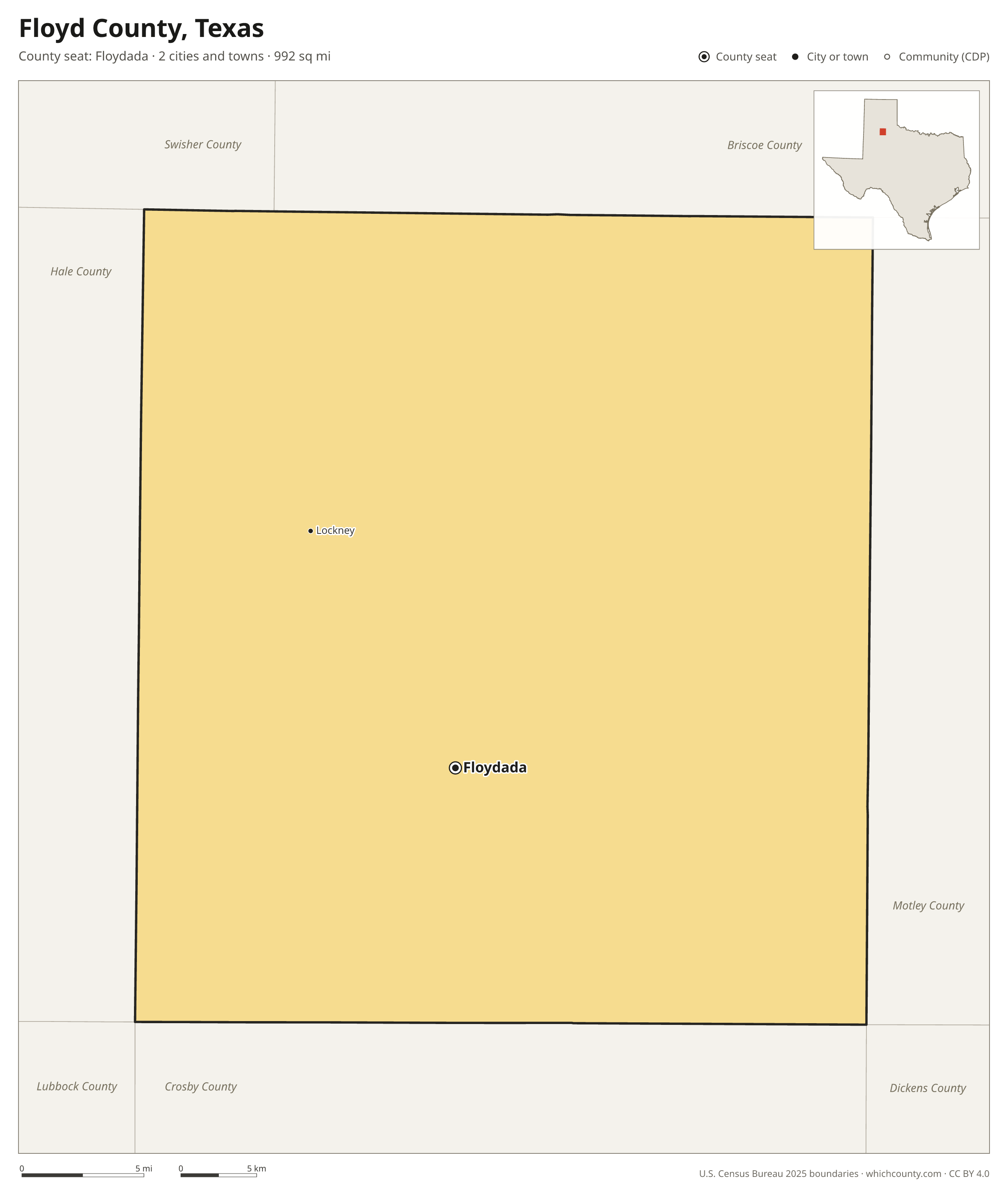 Map of Floyd County, Texas with cities, towns and the county boundary