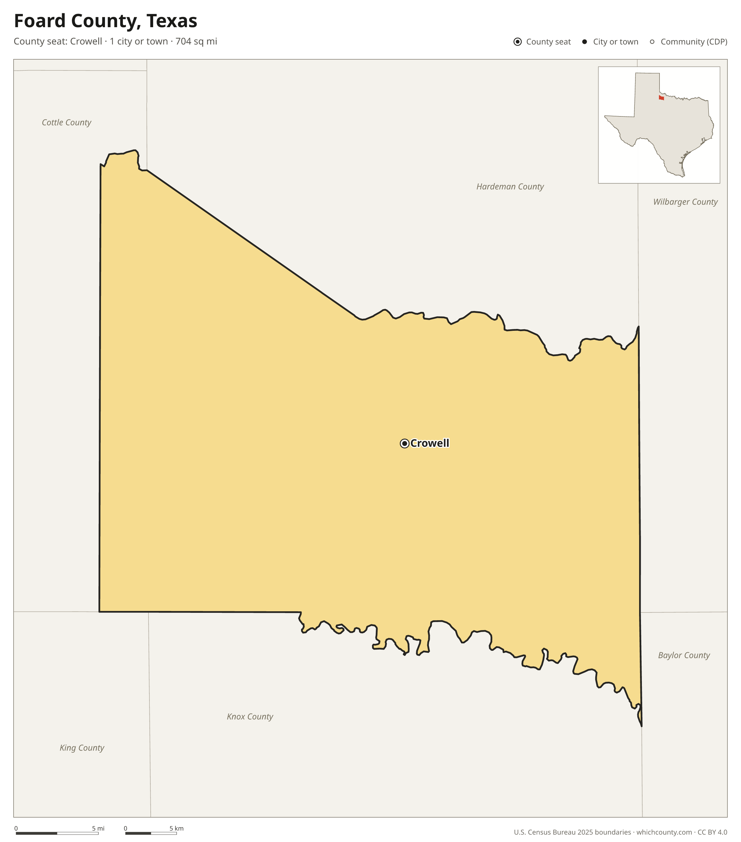 Map of Foard County, Texas with cities, towns and the county boundary