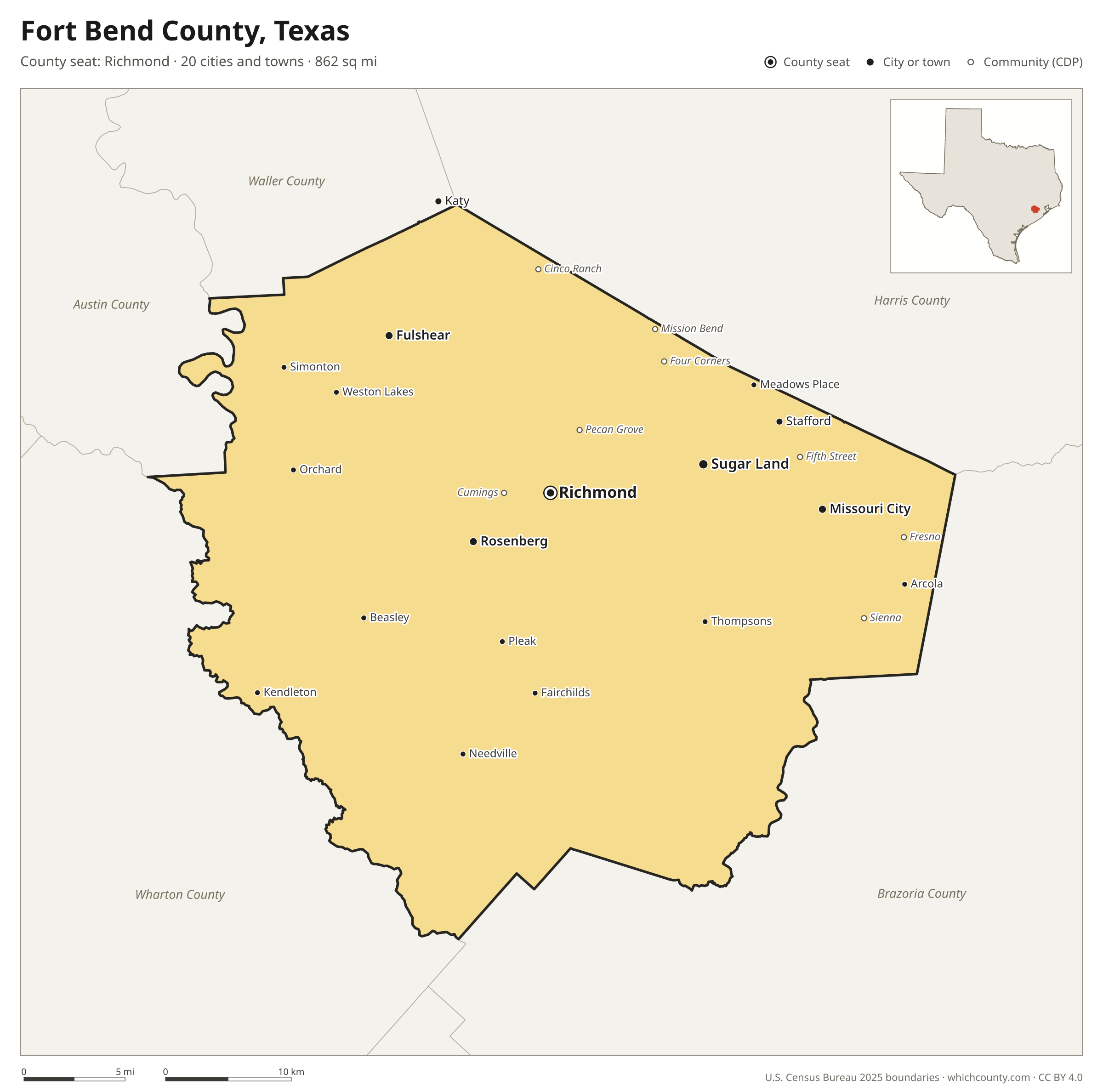 Map of Fort Bend County, Texas with cities, towns and the county boundary