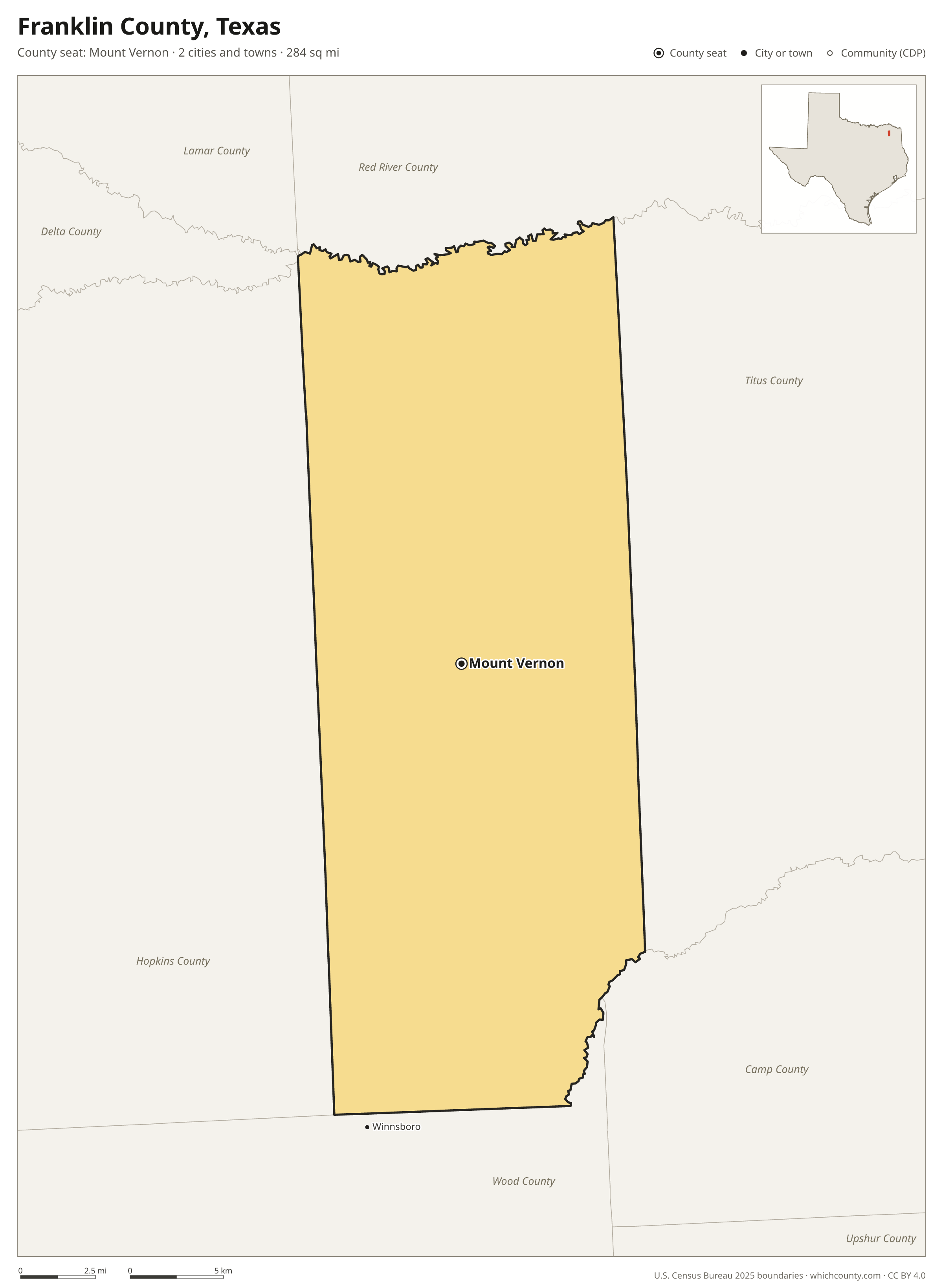 Map of Franklin County, Texas with cities, towns and the county boundary
