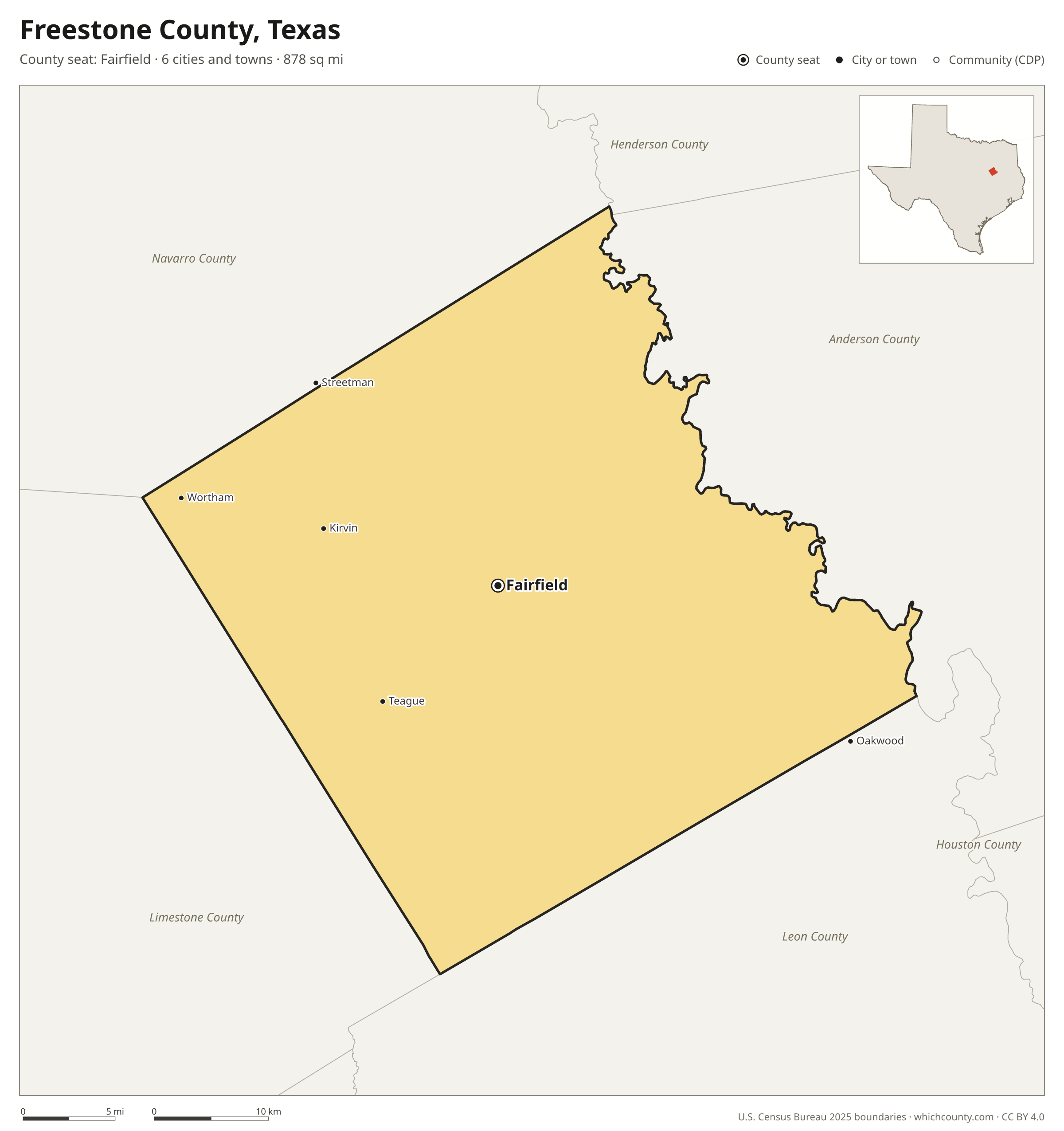 Map of Freestone County, Texas with cities, towns and the county boundary