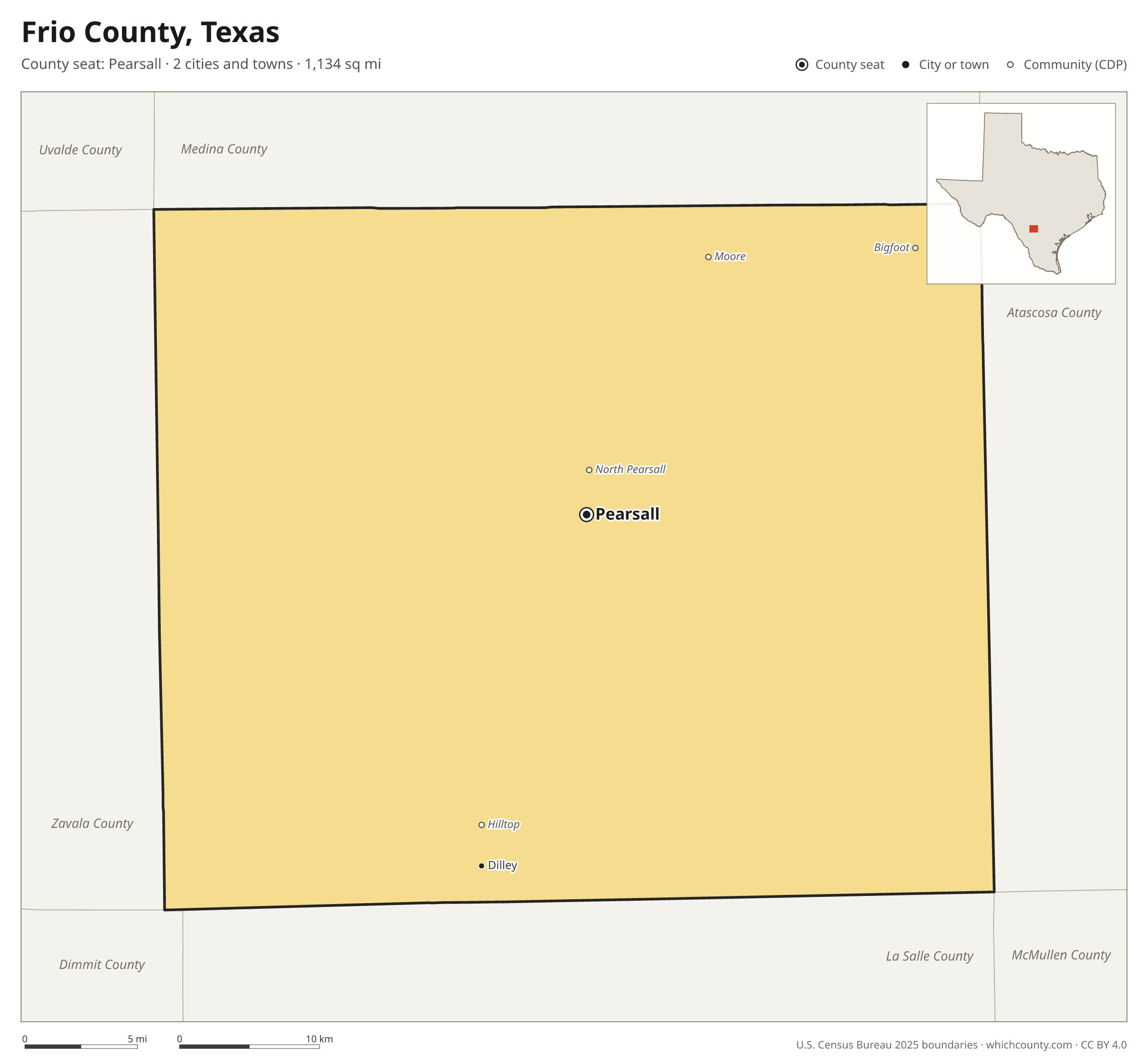 Map of Frio County, Texas with cities, towns and the county boundary