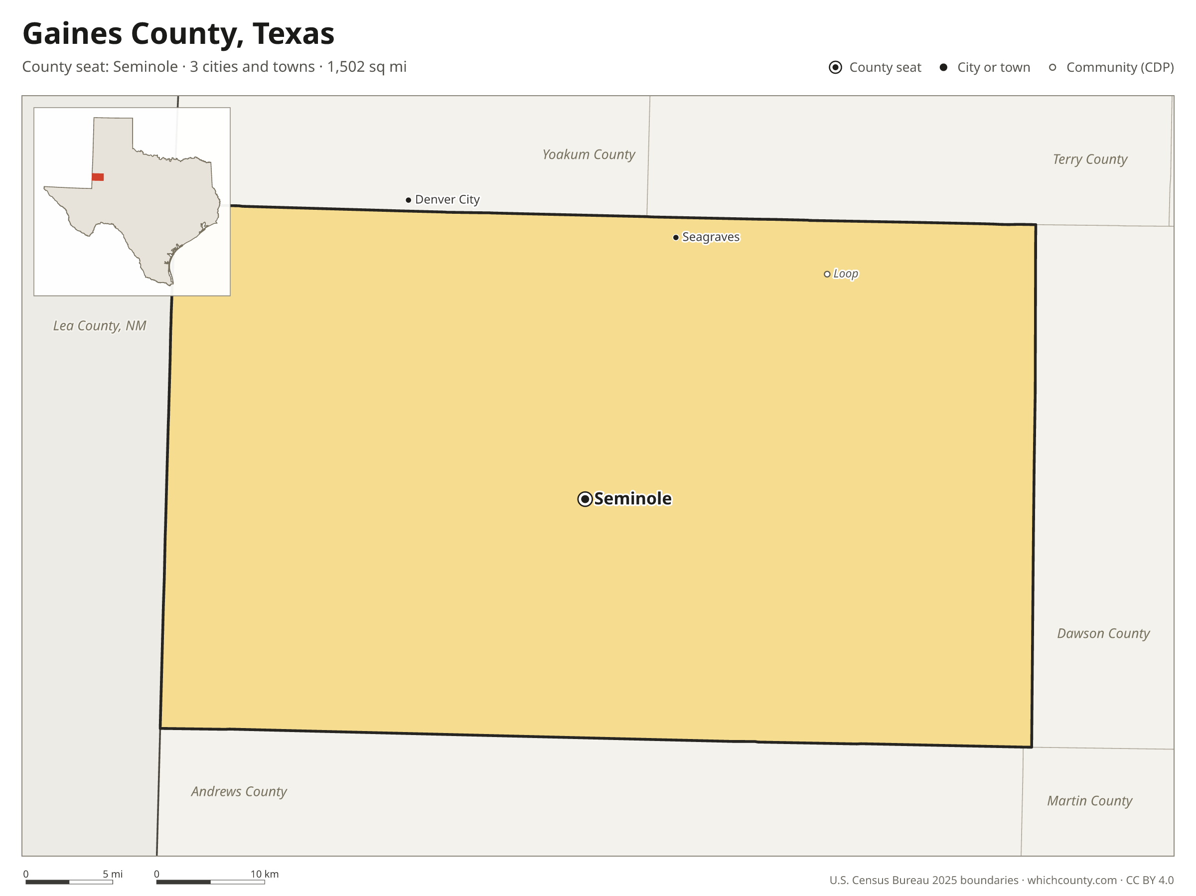 Map of Gaines County, Texas with cities, towns and the county boundary