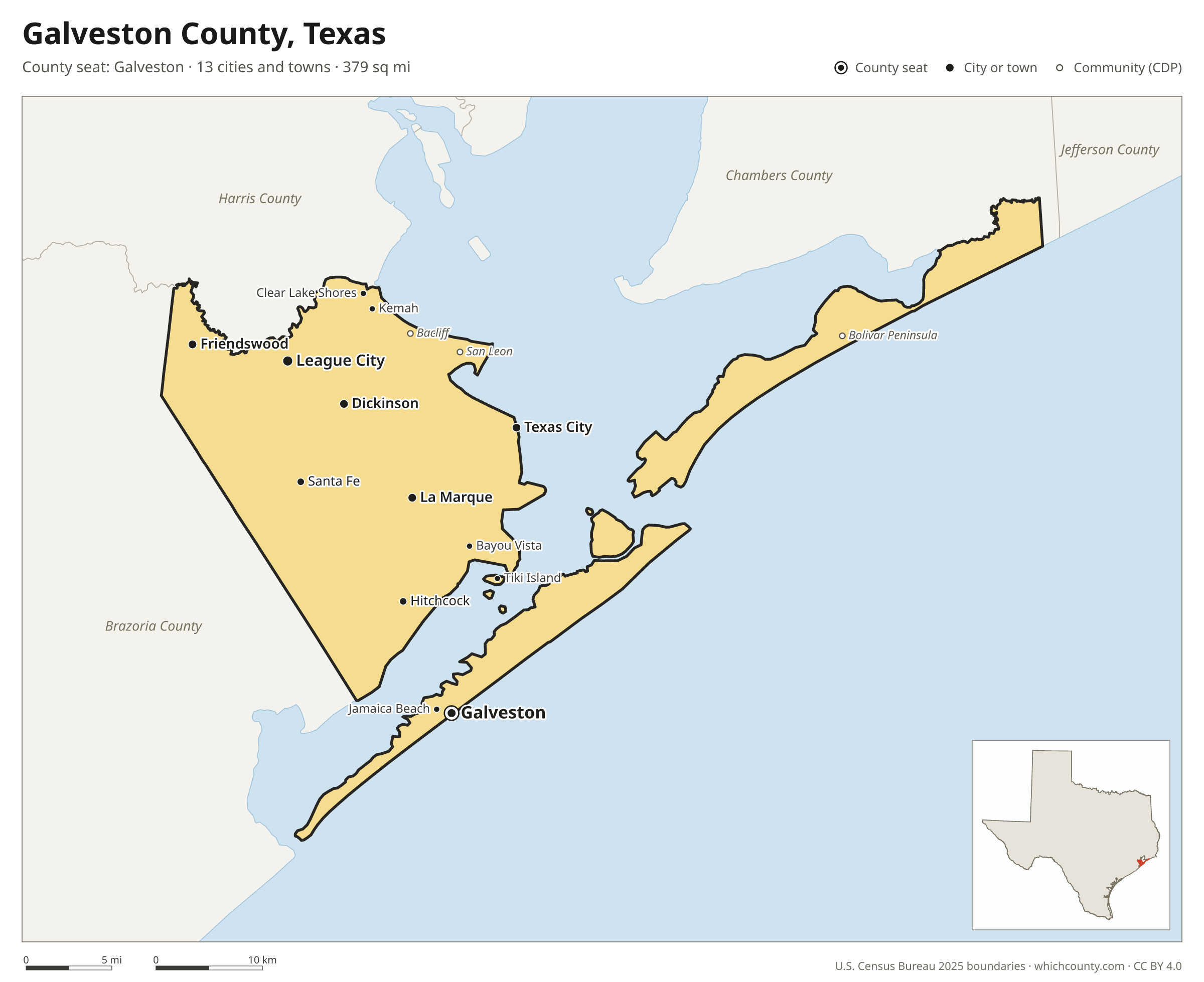 Map of Galveston County, Texas with cities, towns and the county boundary