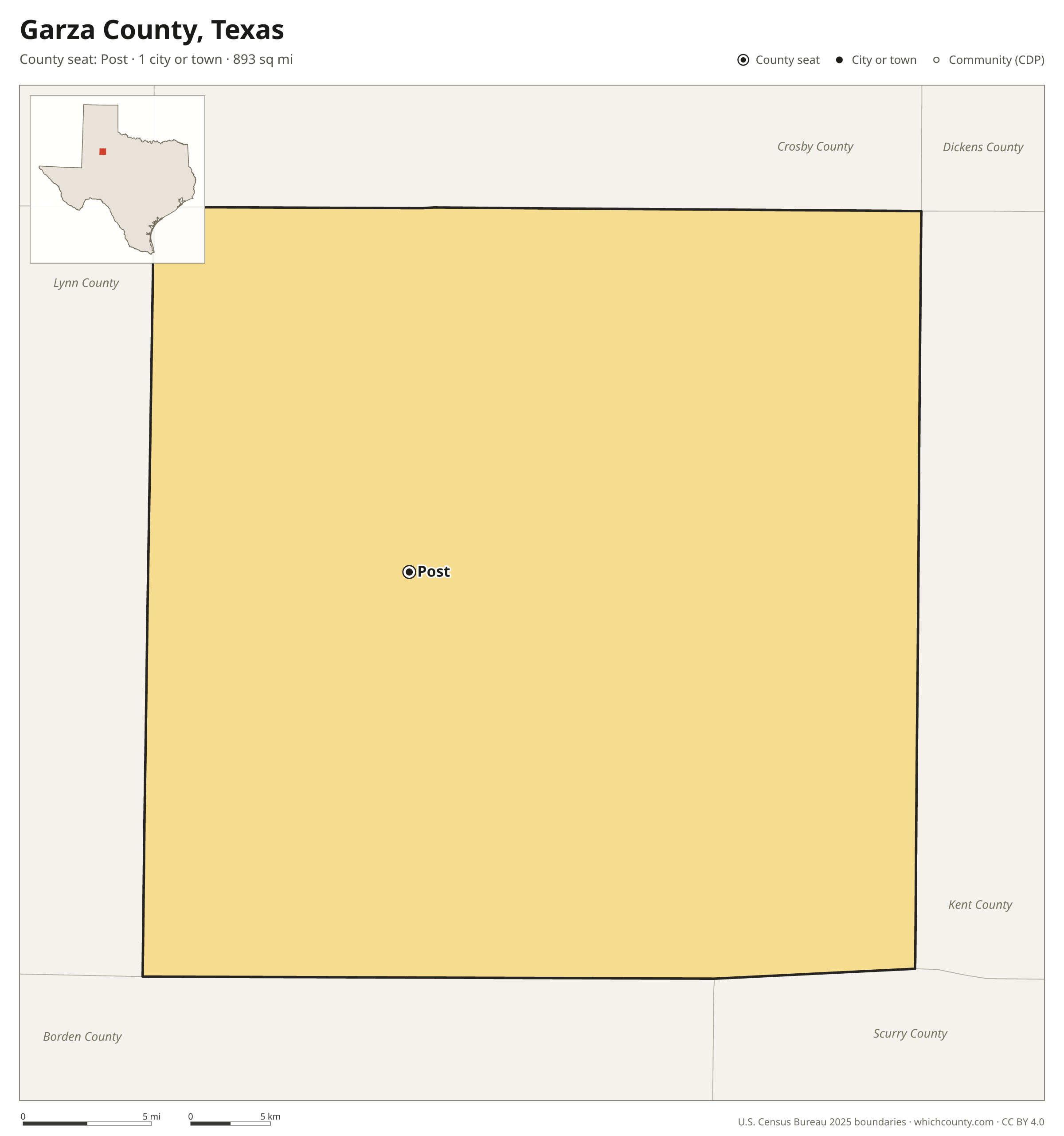 Map of Garza County, Texas with cities, towns and the county boundary