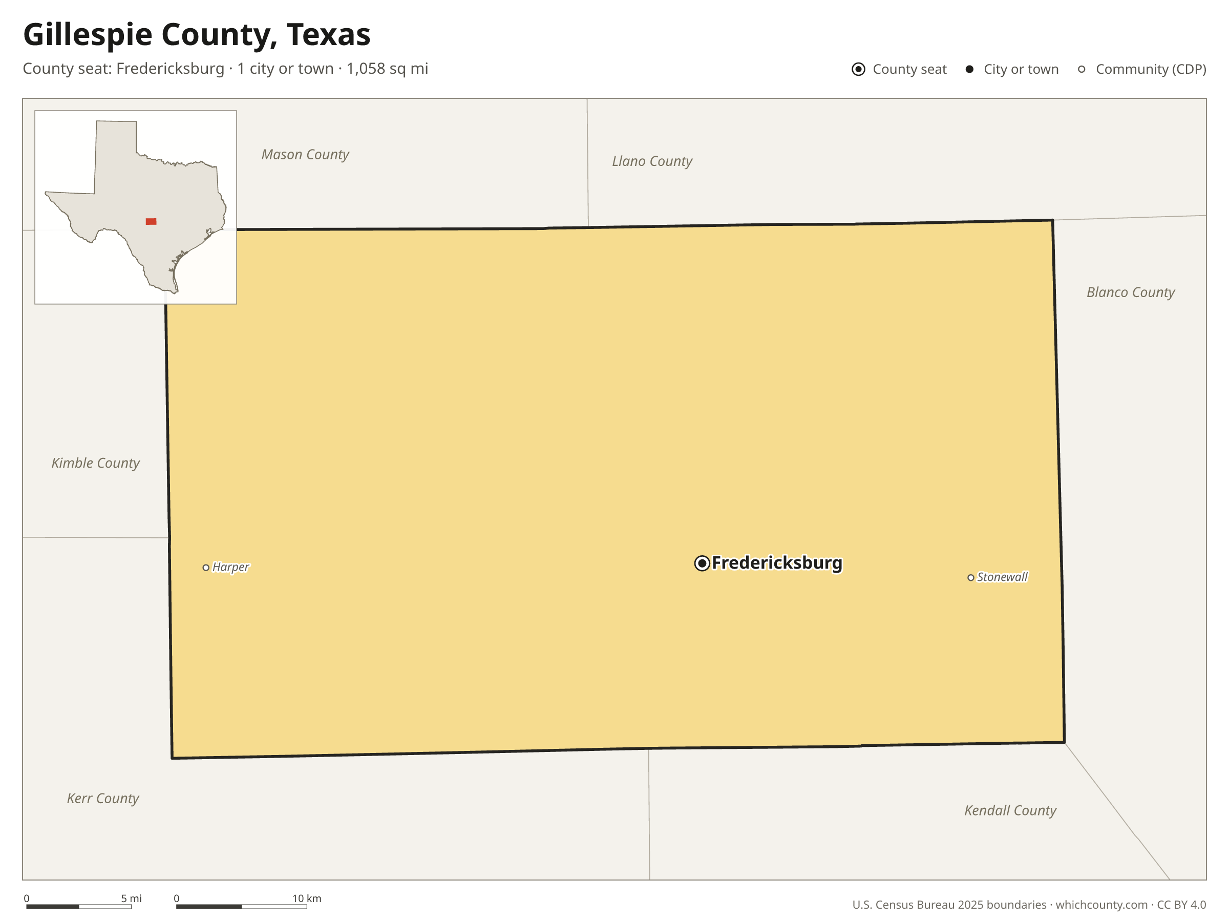 Map of Gillespie County, Texas with cities, towns and the county boundary