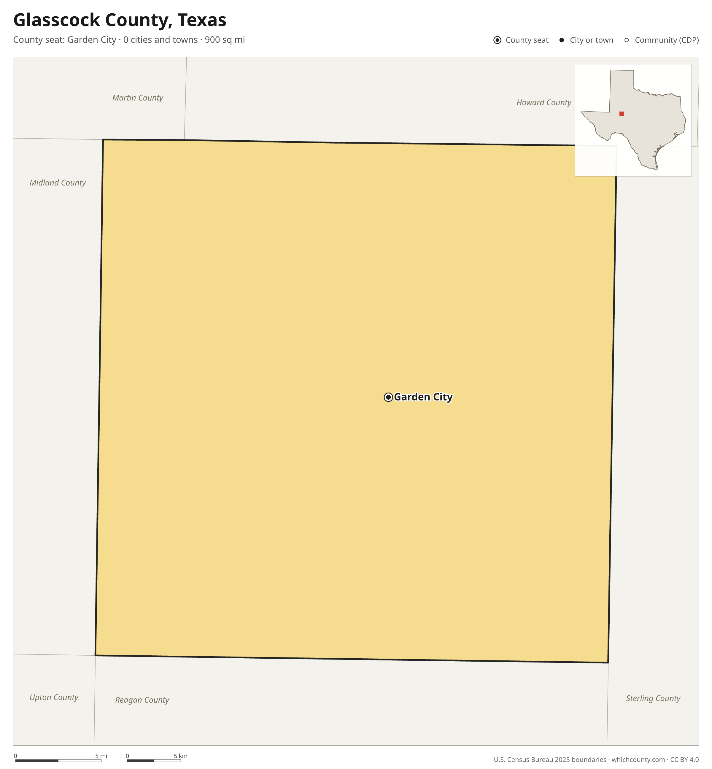 Map of Glasscock County, Texas with cities, towns and the county boundary