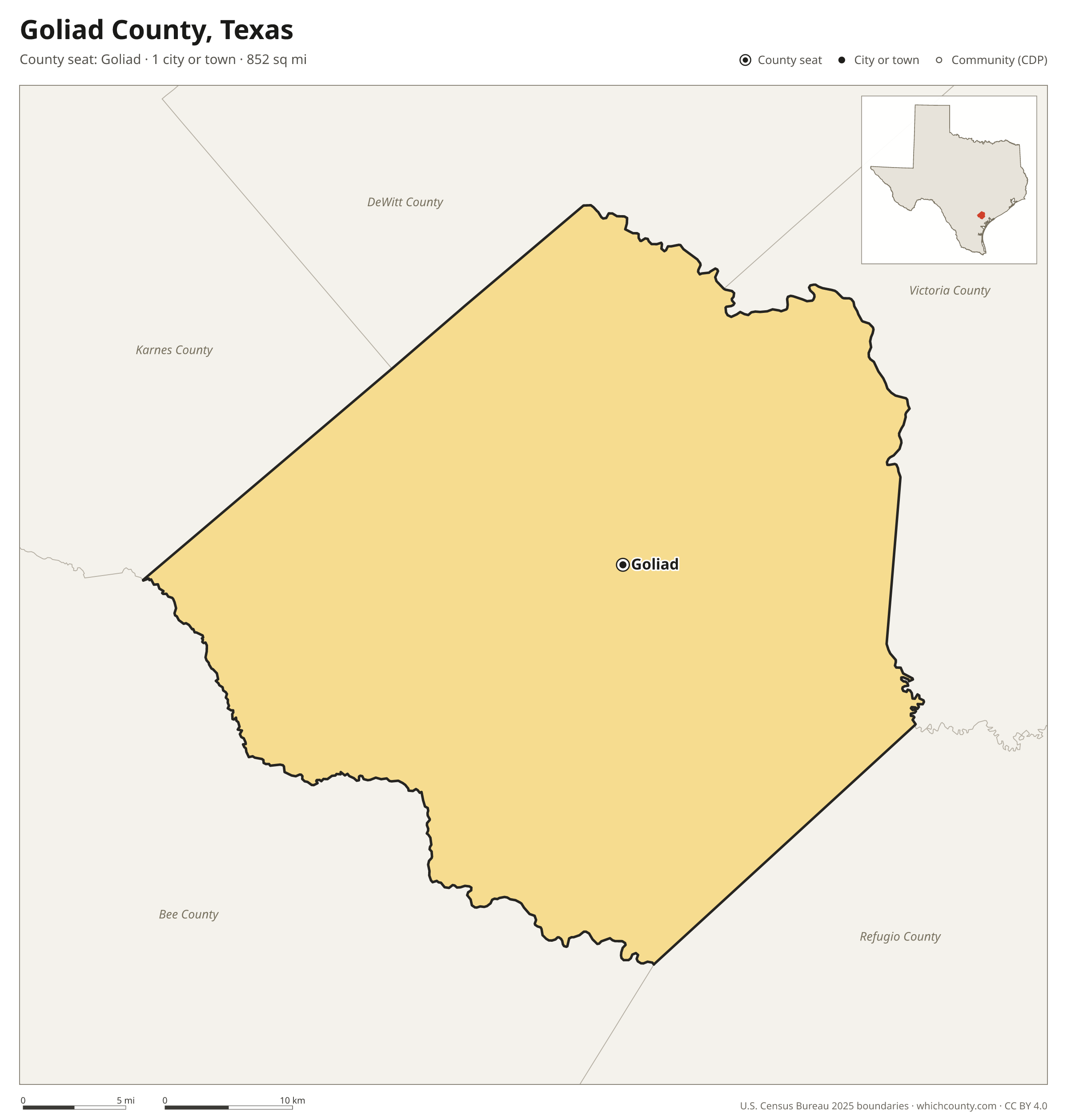 Map of Goliad County, Texas with cities, towns and the county boundary