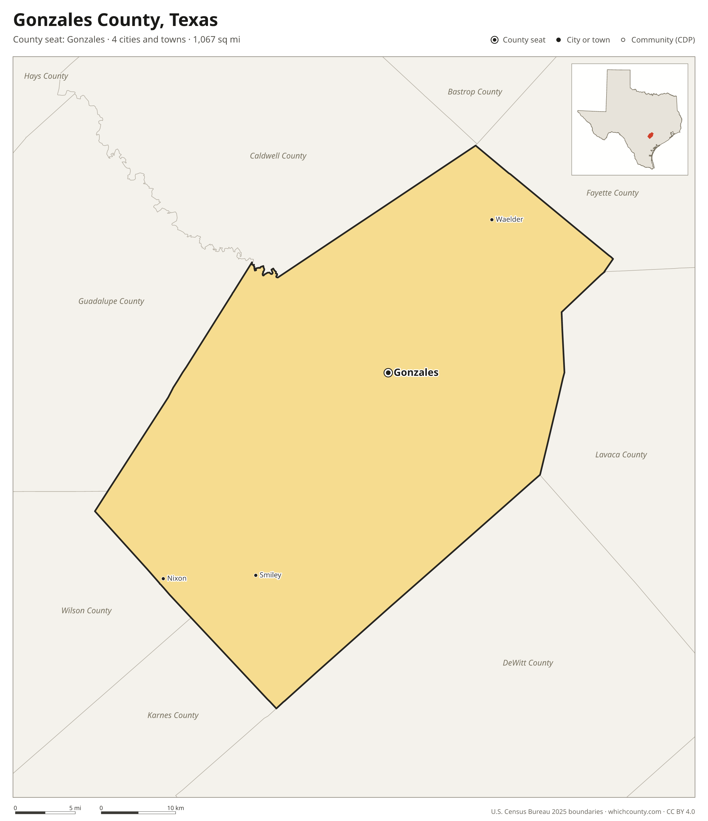 Map of Gonzales County, Texas with cities, towns and the county boundary