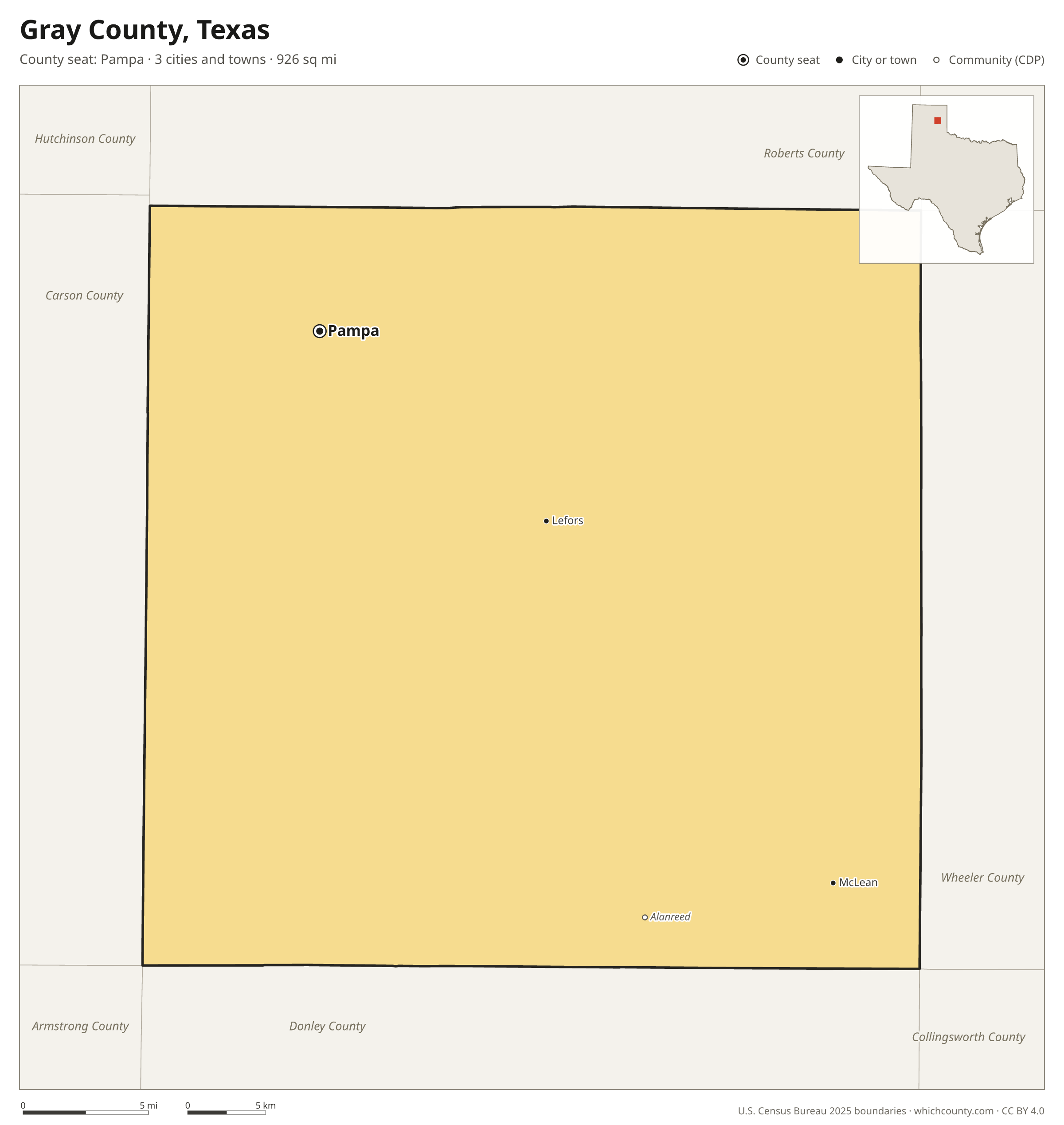 Map of Gray County, Texas with cities, towns and the county boundary