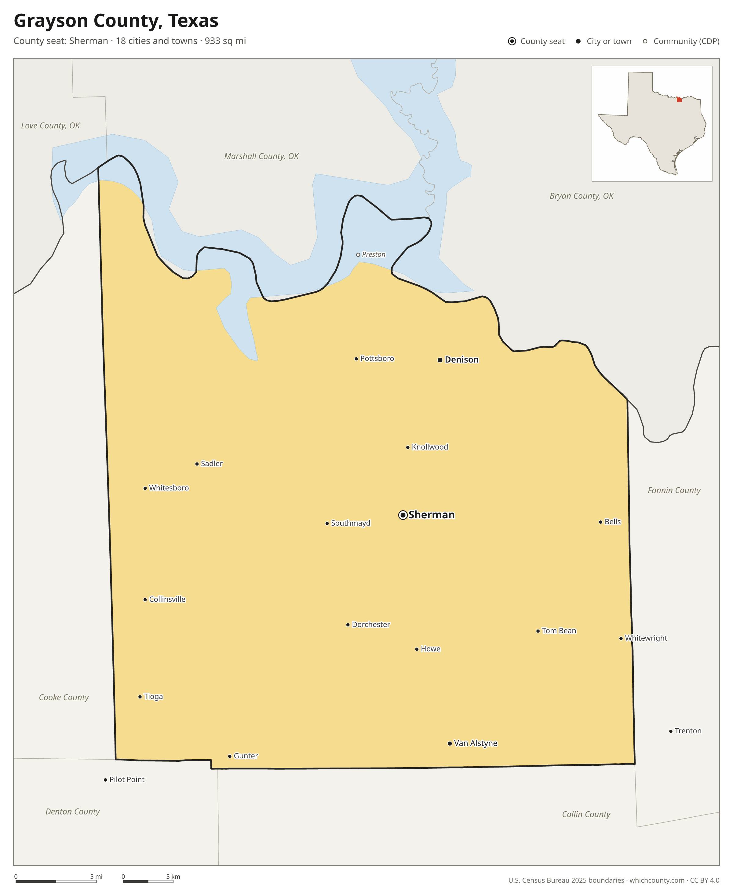 Map of Grayson County, Texas with cities, towns and the county boundary