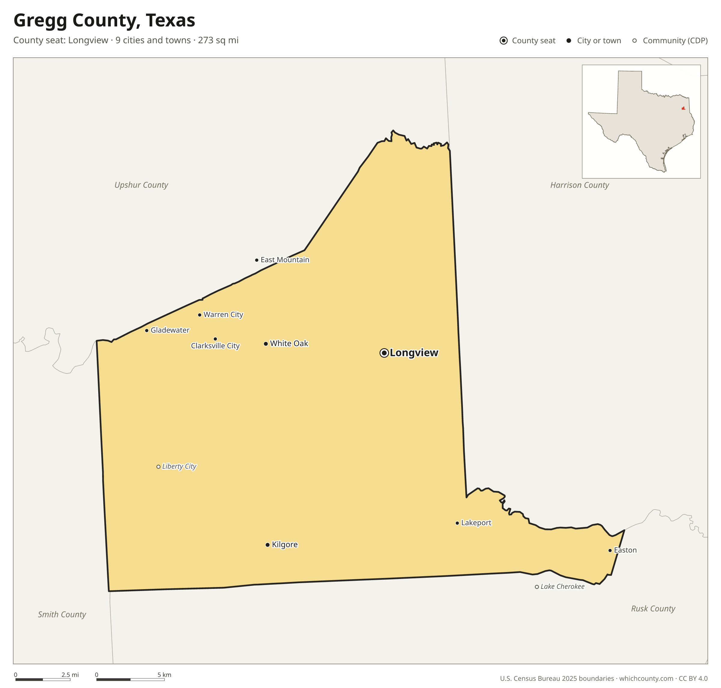 Map of Gregg County, Texas with cities, towns and the county boundary