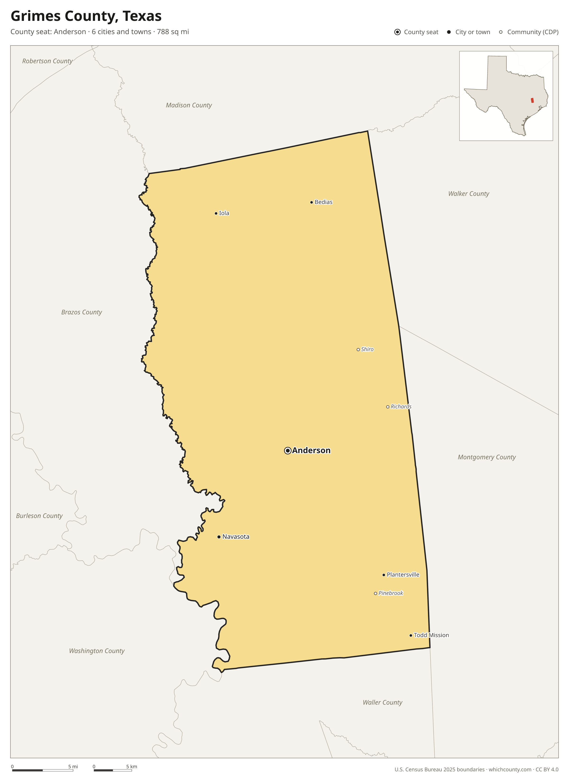 Map of Grimes County, Texas with cities, towns and the county boundary