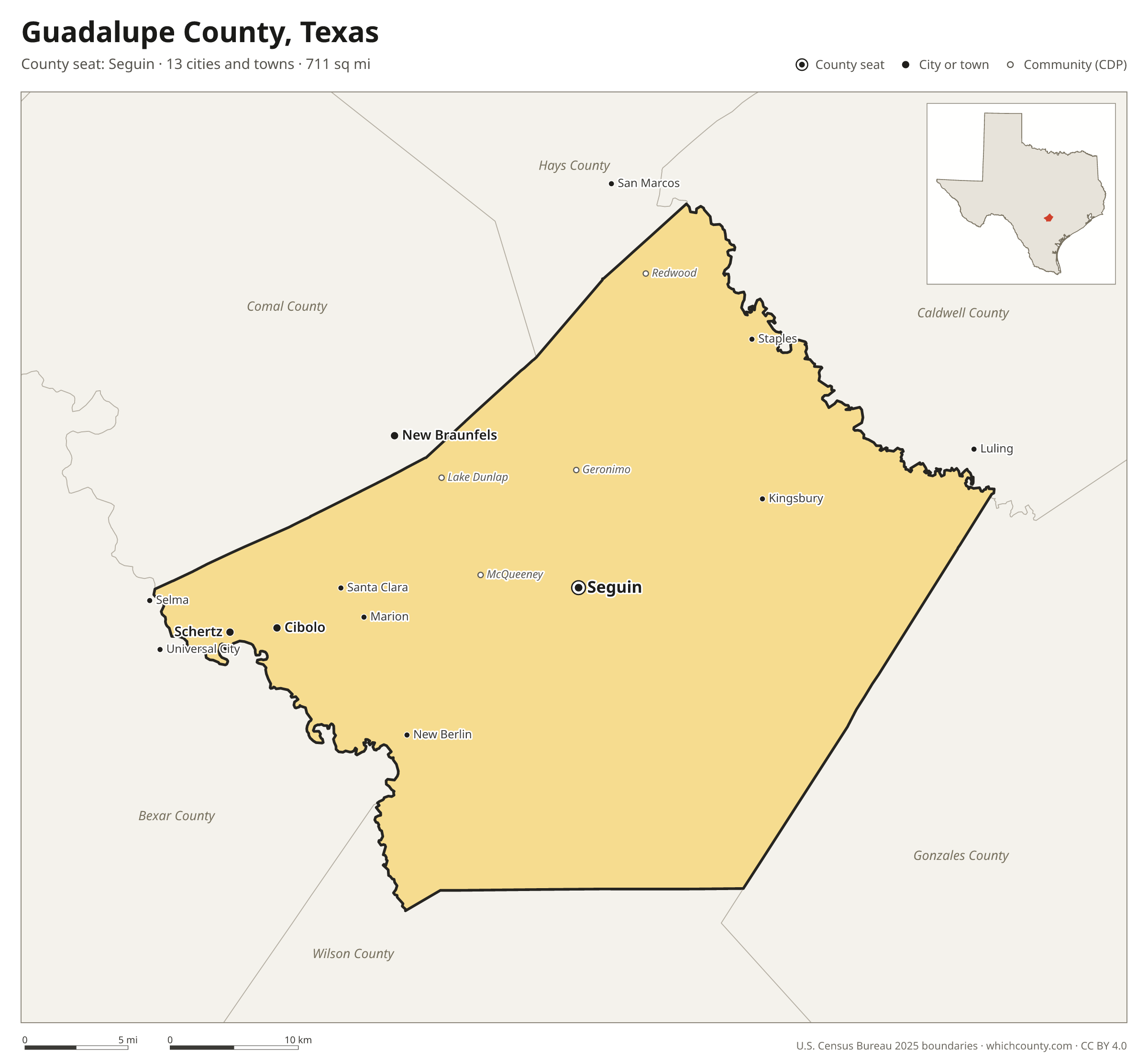 Map of Guadalupe County, Texas with cities, towns and the county boundary