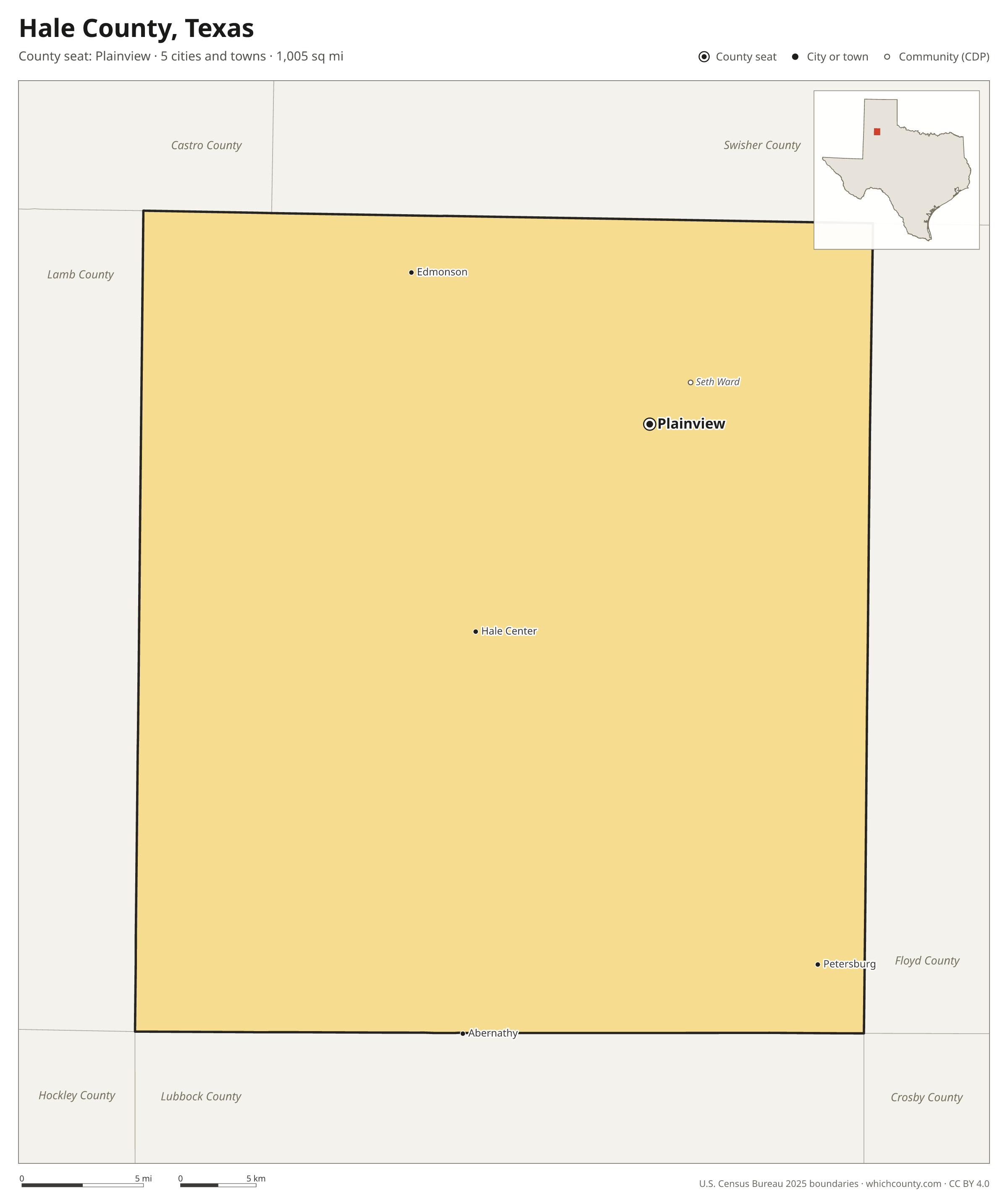Map of Hale County, Texas with cities, towns and the county boundary