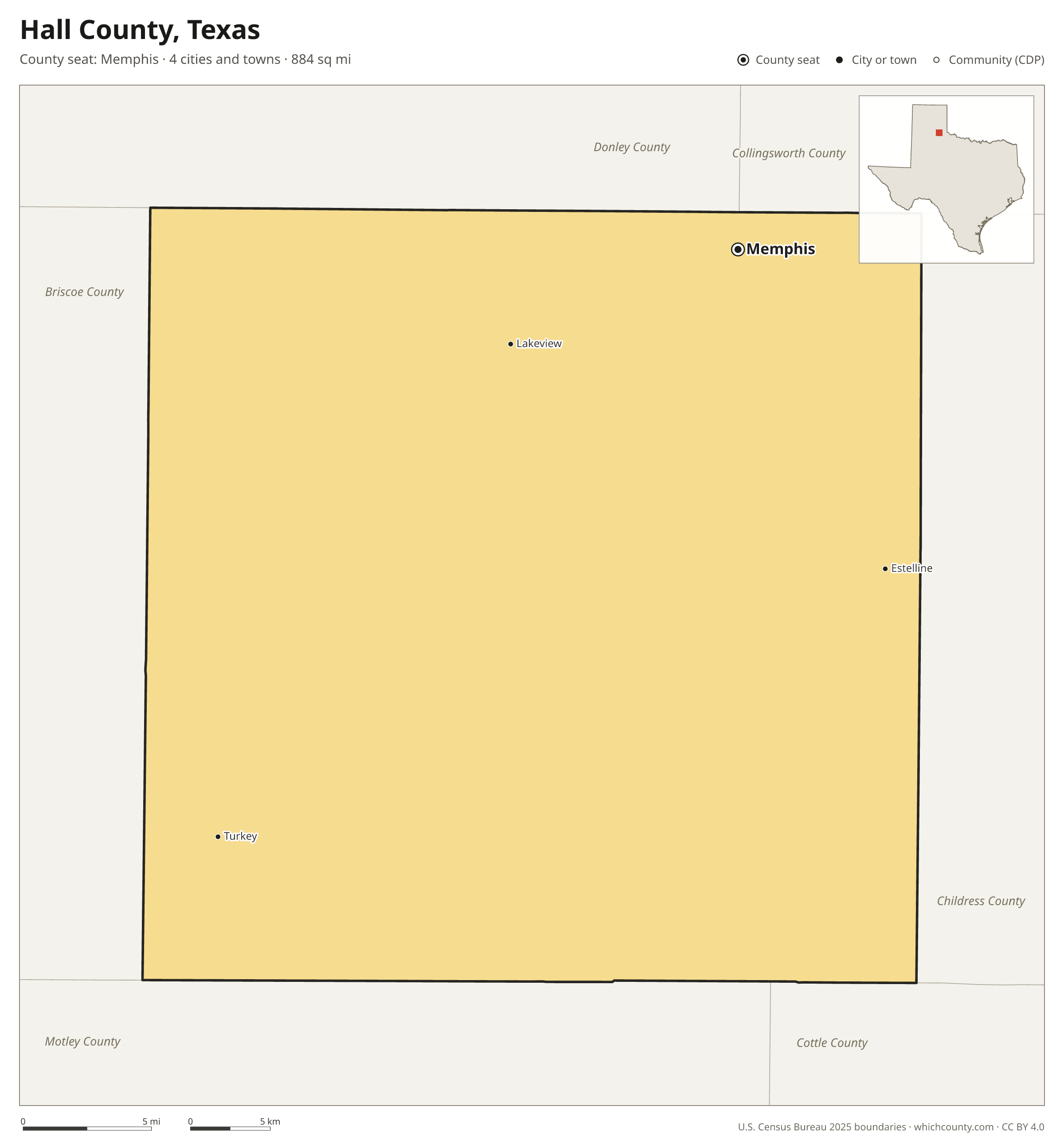 Map of Hall County, Texas with cities, towns and the county boundary