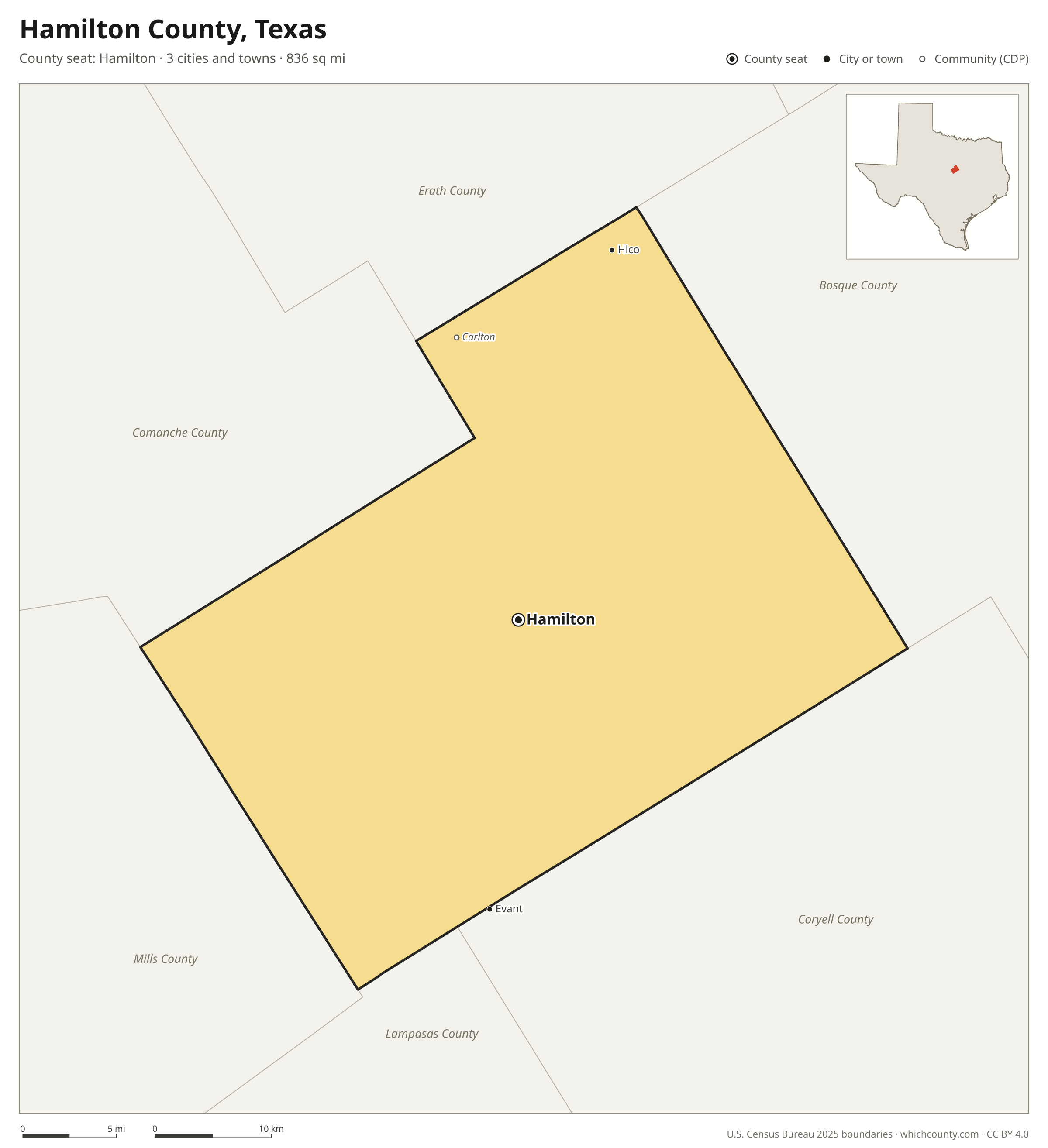 Map of Hamilton County, Texas with cities, towns and the county boundary