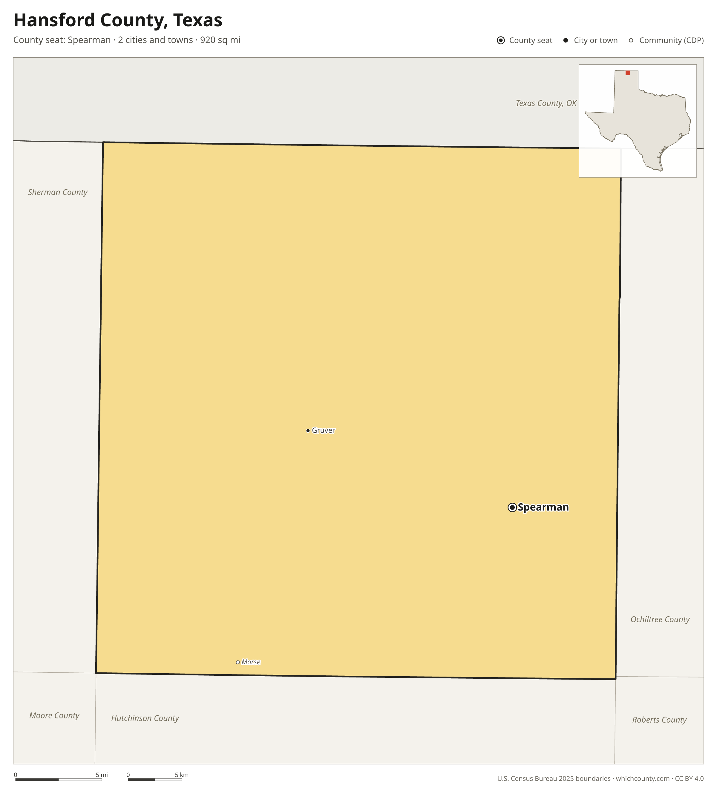 Map of Hansford County, Texas with cities, towns and the county boundary
