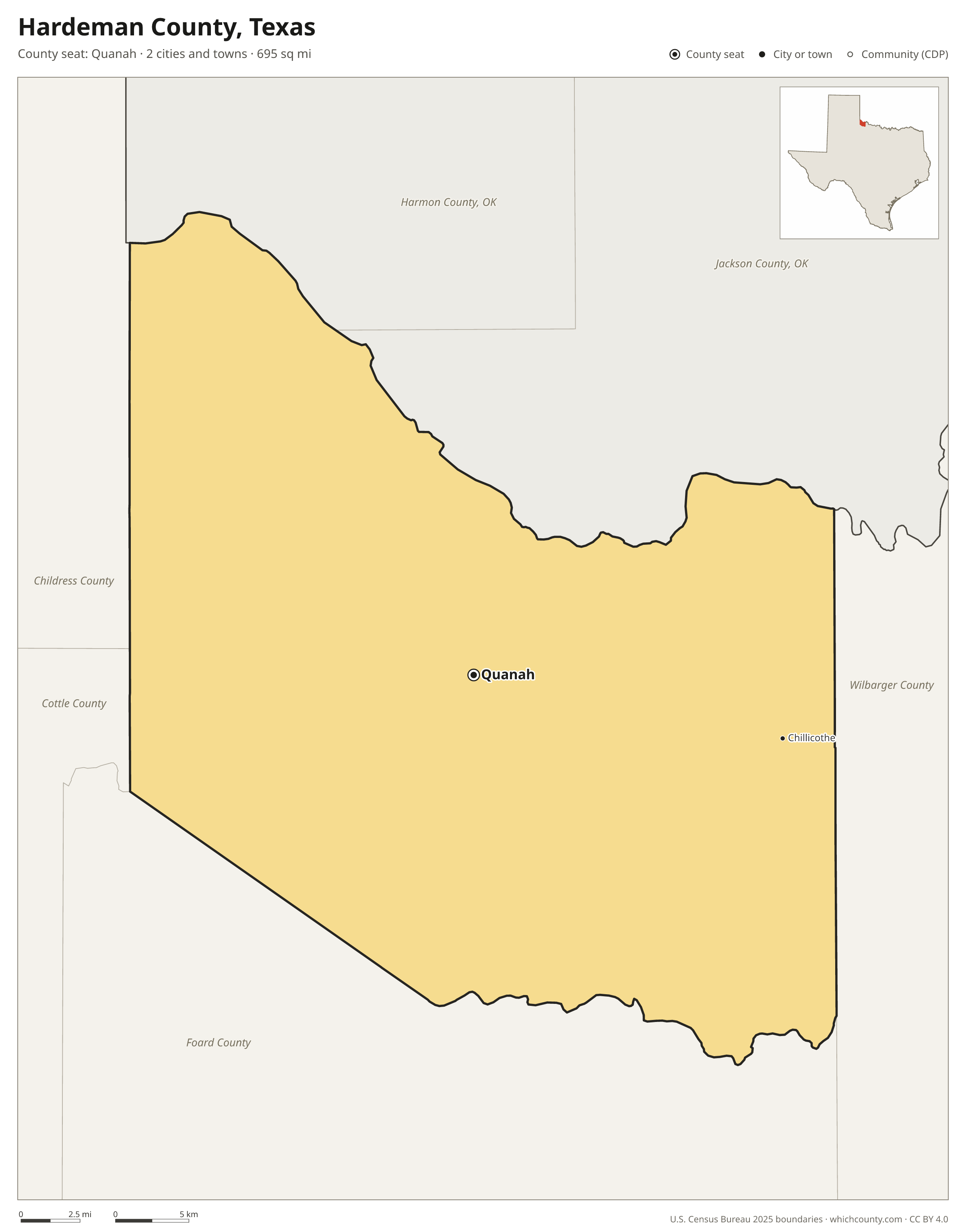 Map of Hardeman County, Texas with cities, towns and the county boundary