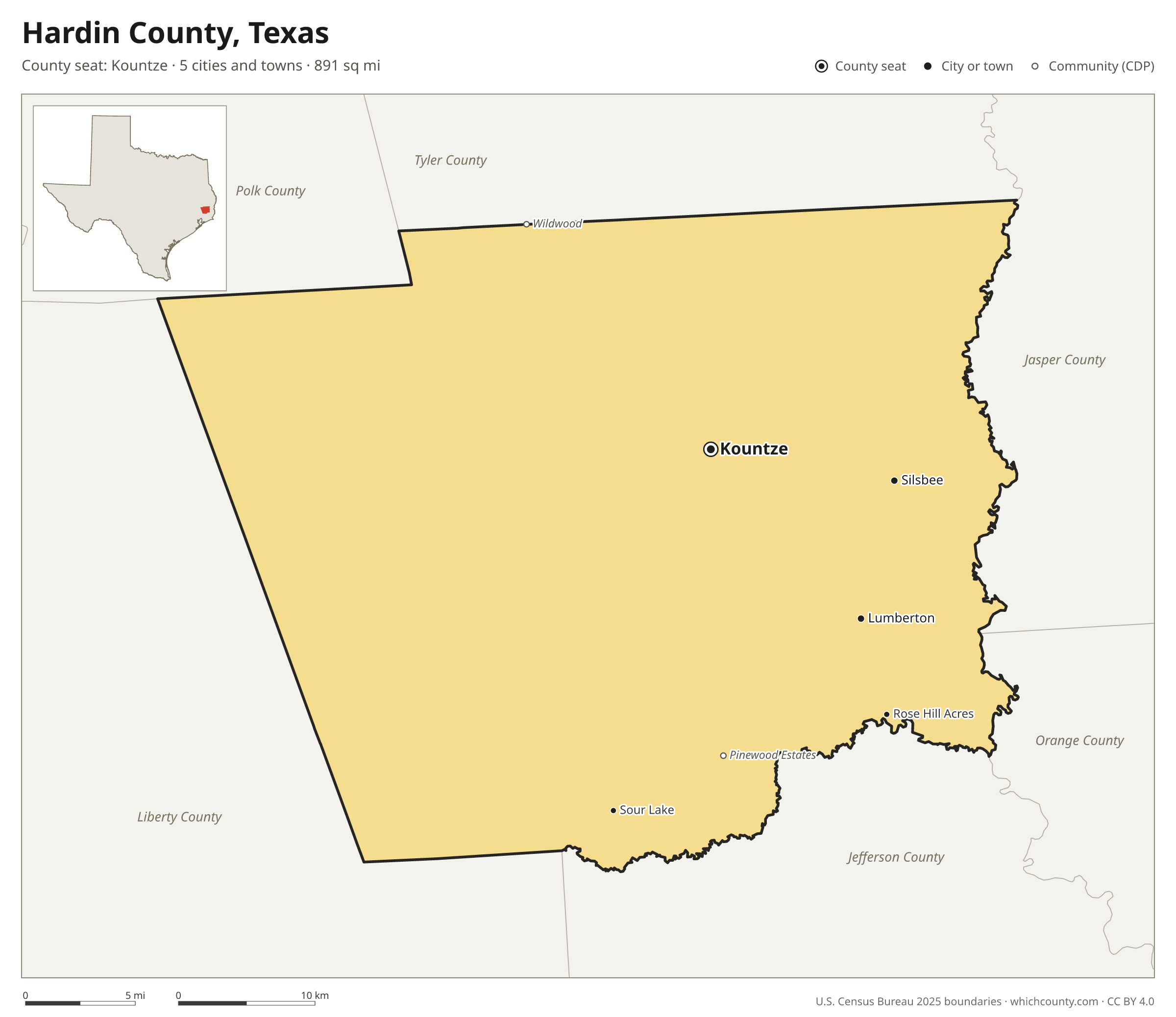 Map of Hardin County, Texas with cities, towns and the county boundary