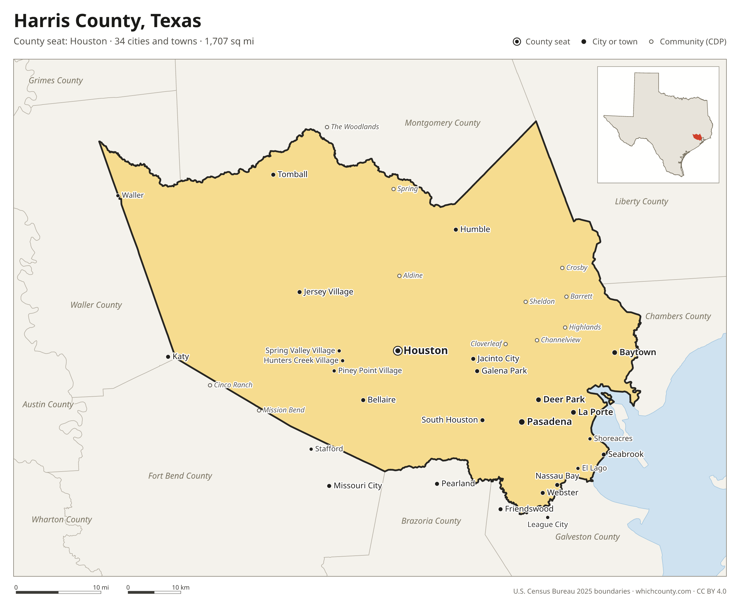 Map of Harris County, Texas with cities, towns and the county boundary
