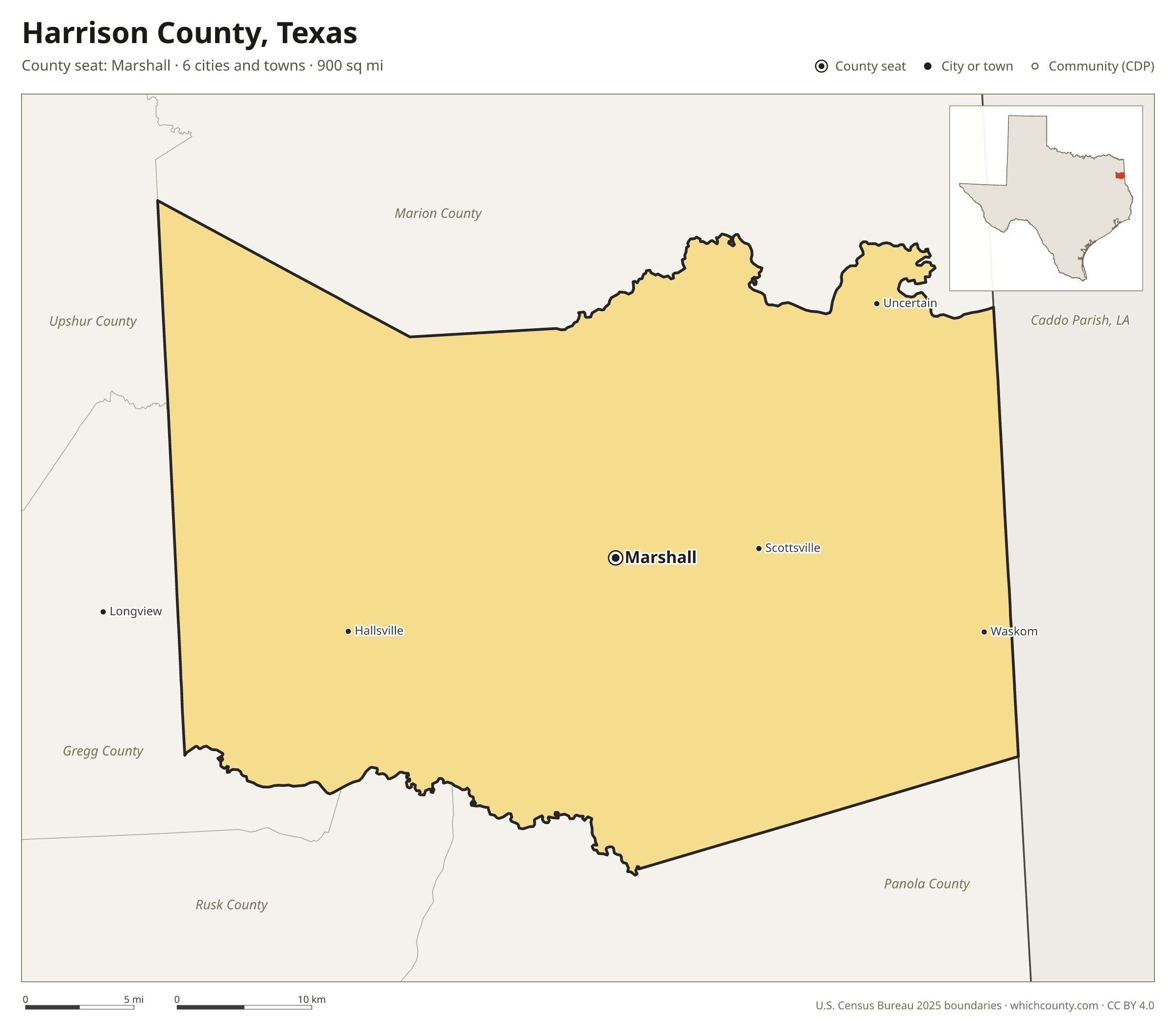 Map of Harrison County, Texas with cities, towns and the county boundary
