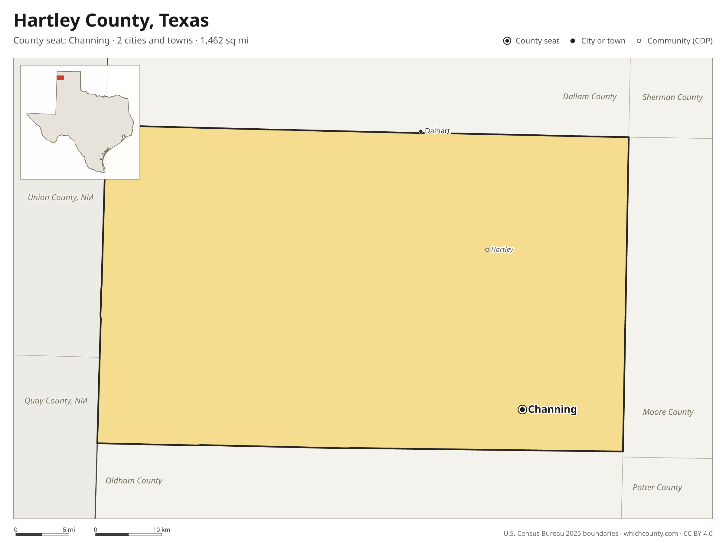 Map of Hartley County, Texas with cities, towns and the county boundary