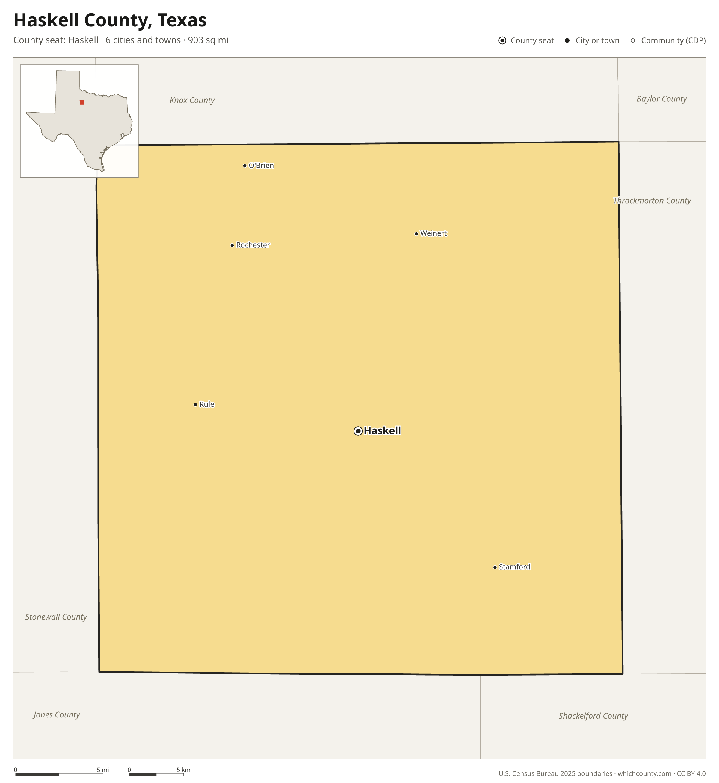 Map of Haskell County, Texas with cities, towns and the county boundary