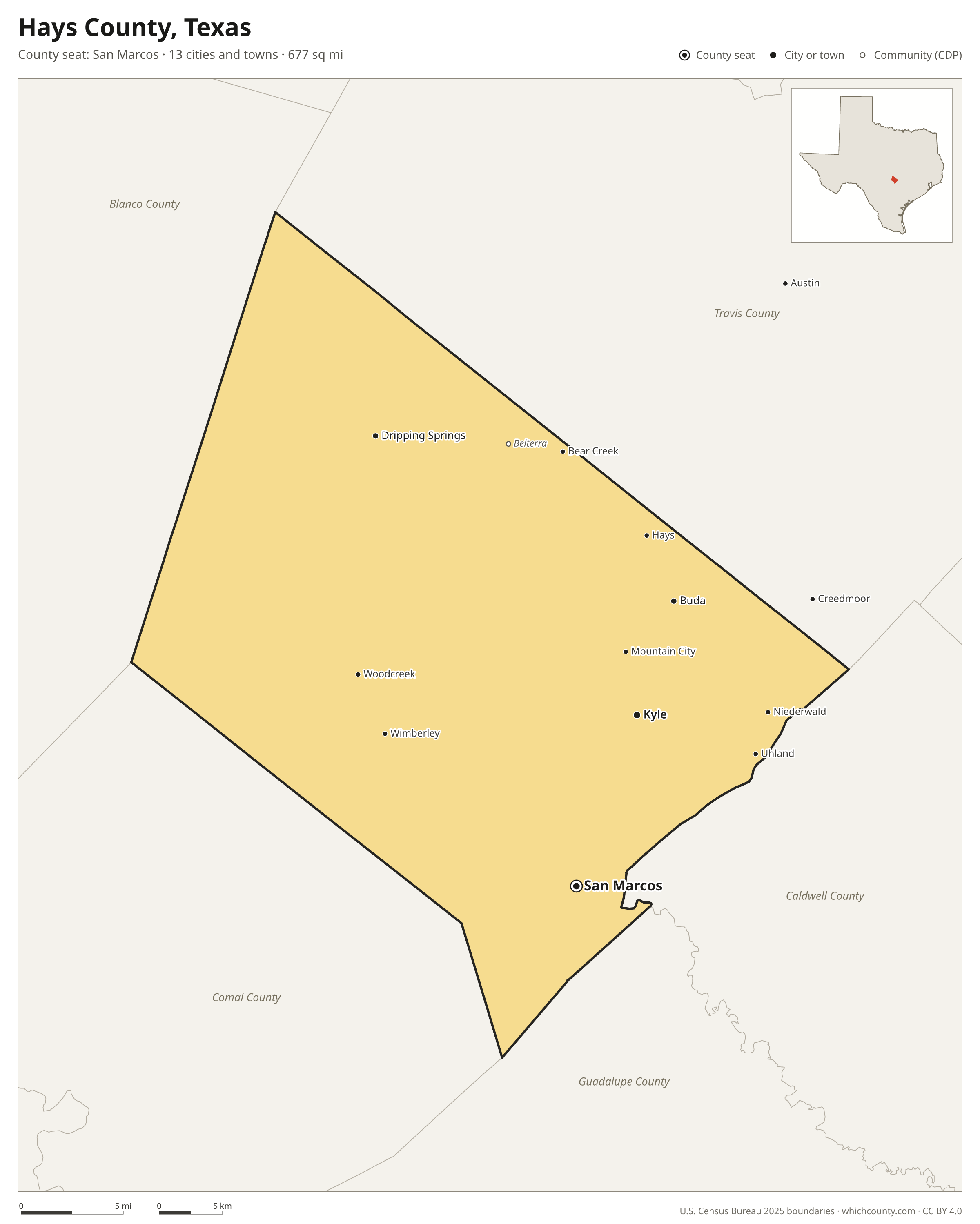 Map of Hays County, Texas with cities, towns and the county boundary