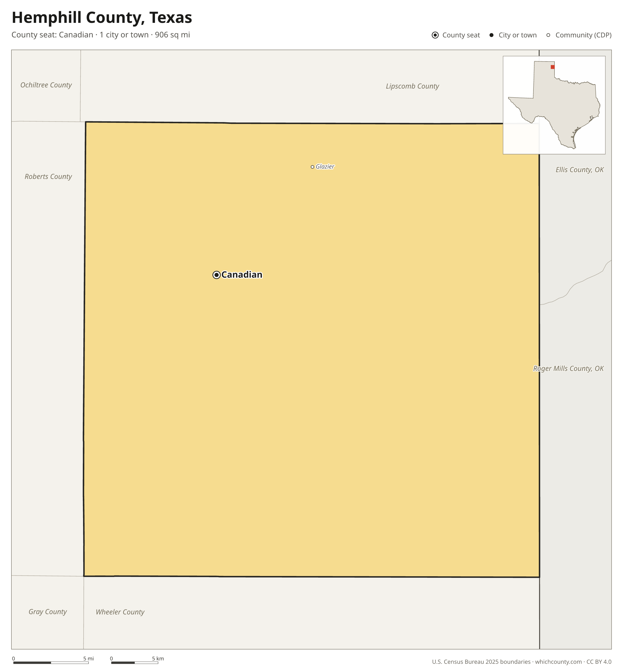 Map of Hemphill County, Texas with cities, towns and the county boundary