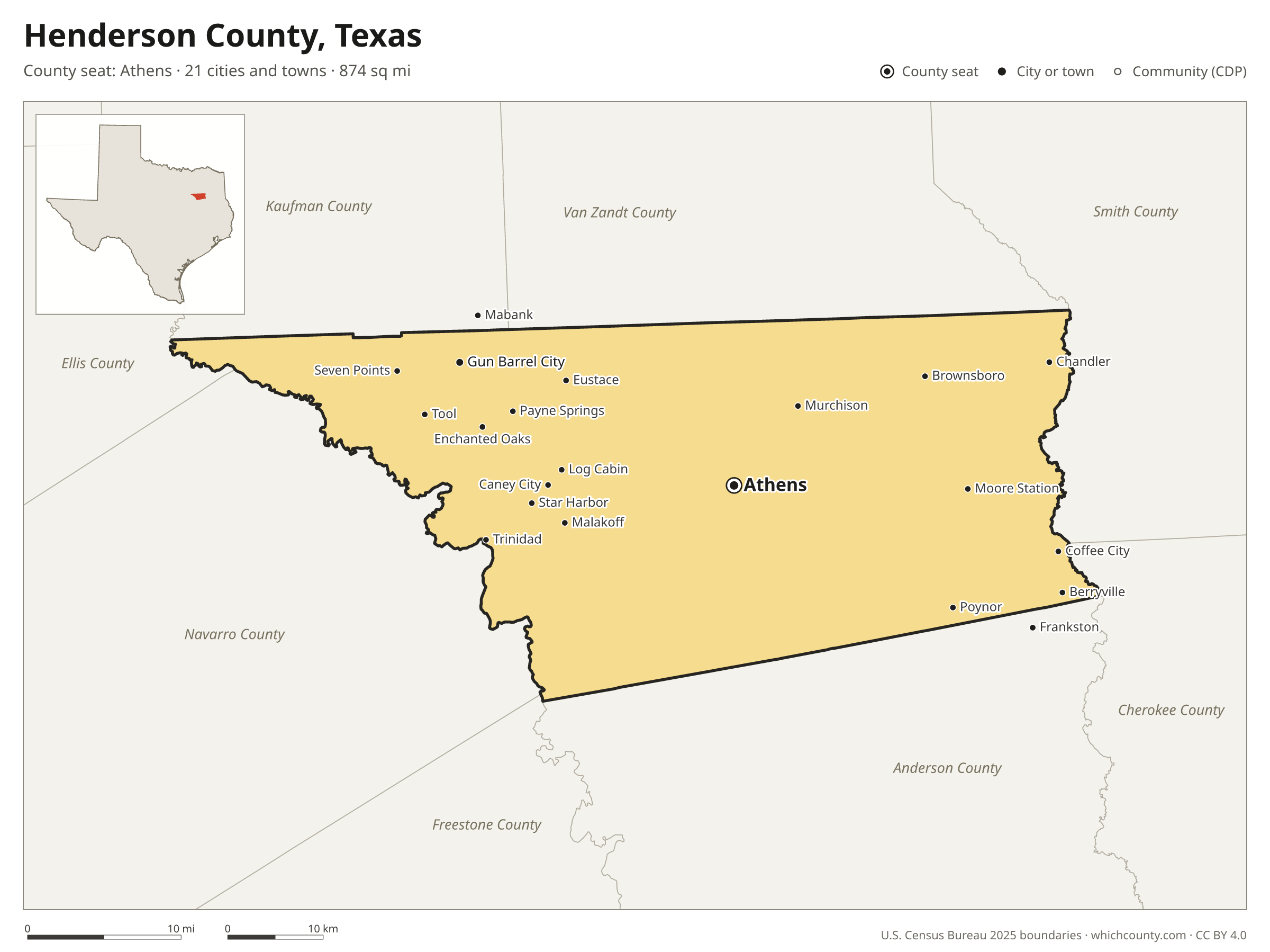 Map of Henderson County, Texas with cities, towns and the county boundary