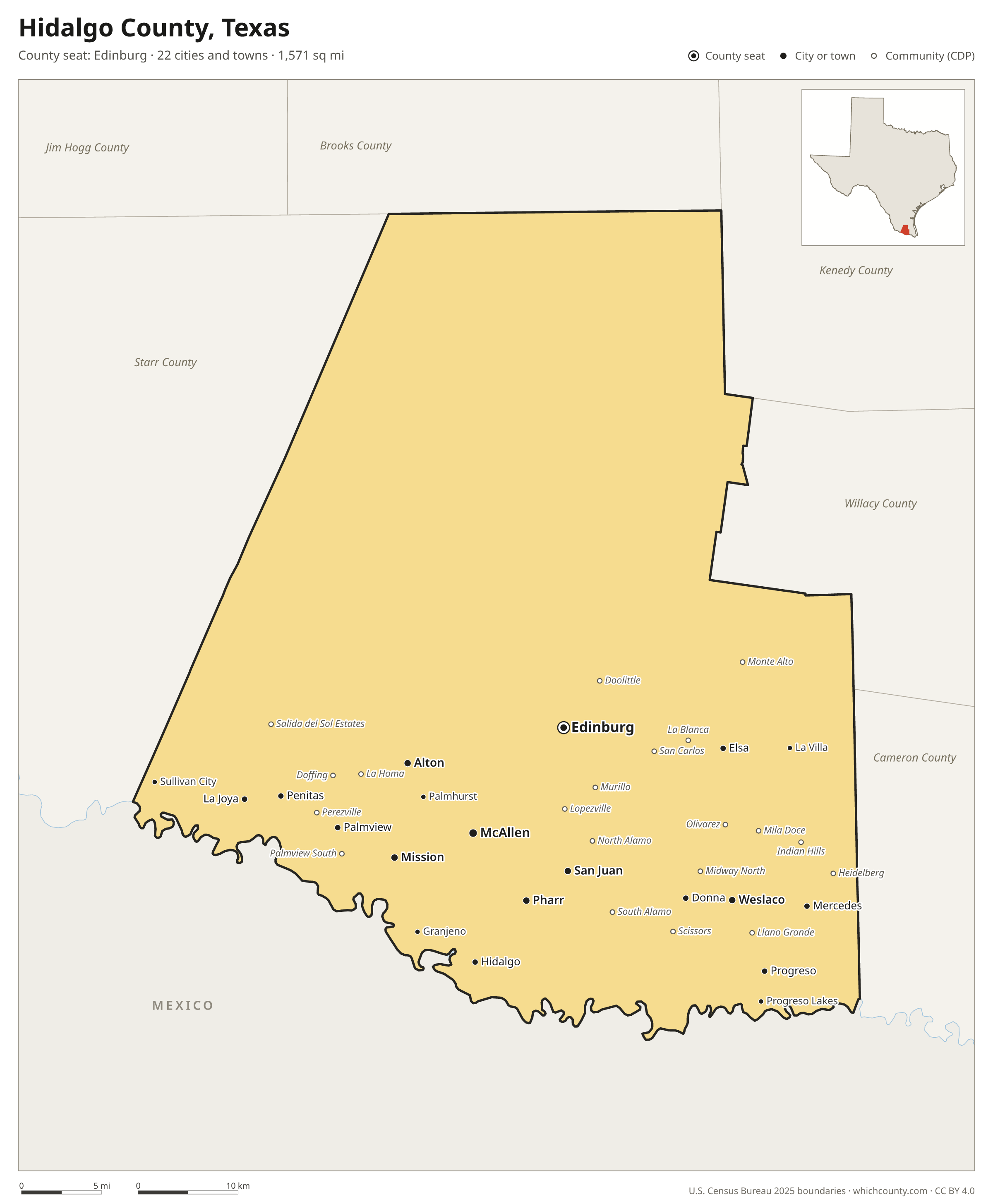 Map of Hidalgo County, Texas with cities, towns and the county boundary