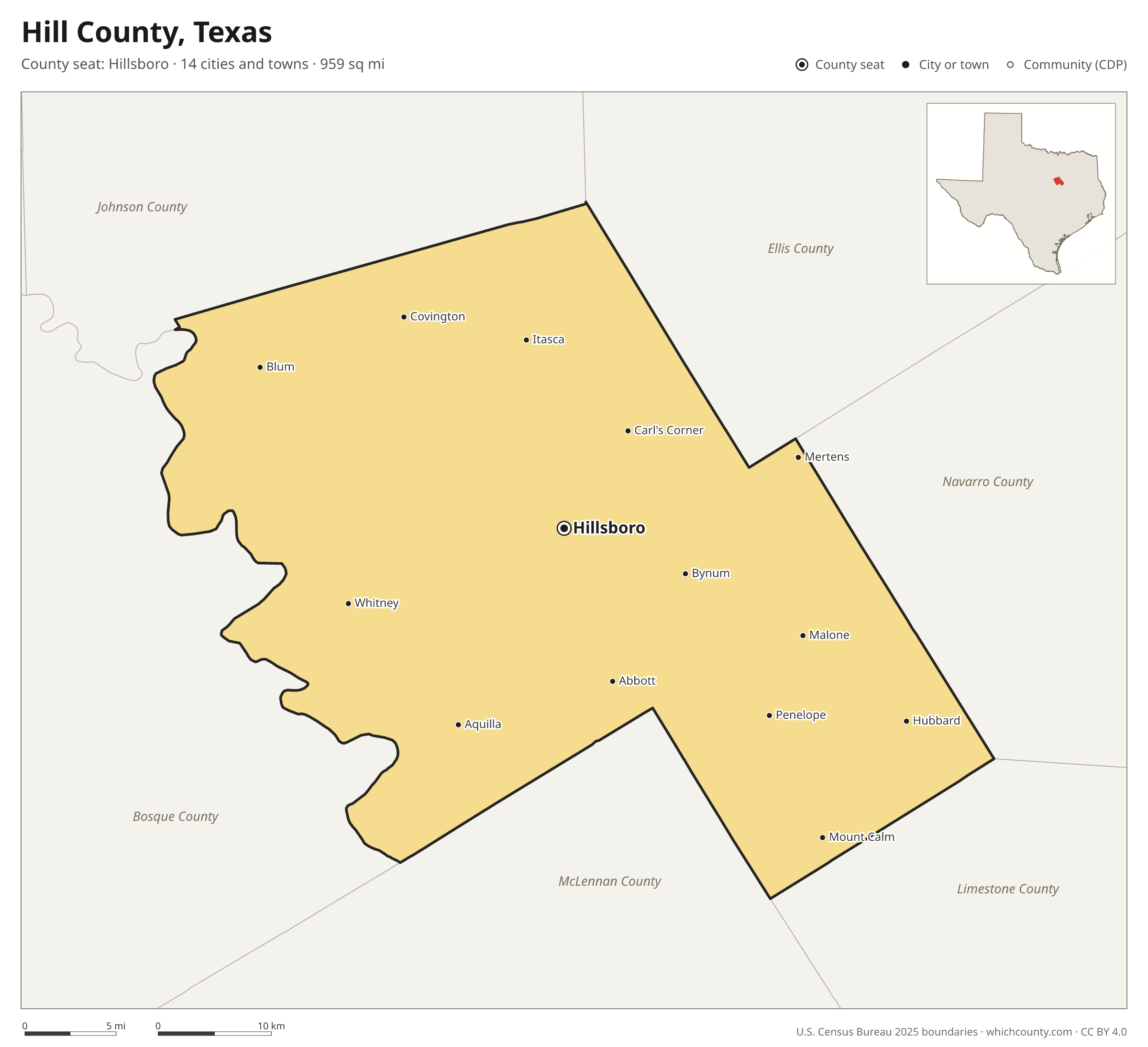Map of Hill County, Texas with cities, towns and the county boundary