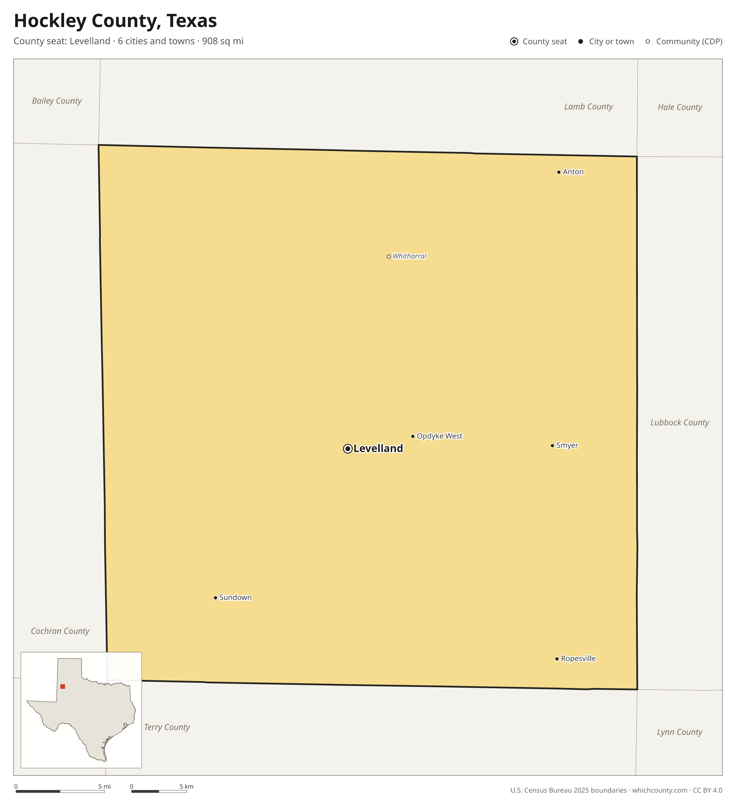 Map of Hockley County, Texas with cities, towns and the county boundary